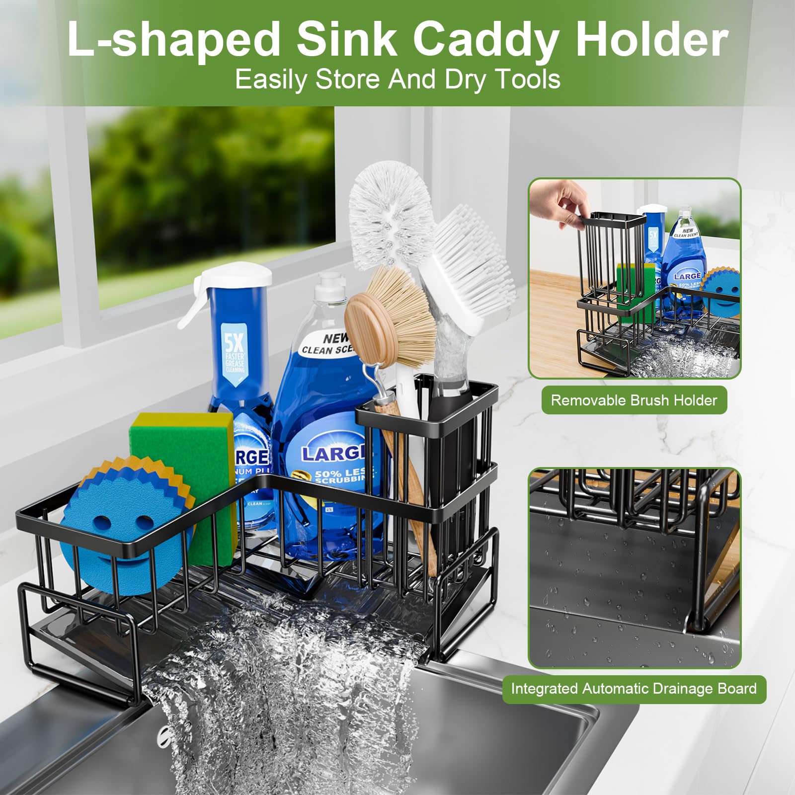 Fikoksol Large Sponge Holder for Kitchen Sink, 90-Degree Sink Caddy Storage