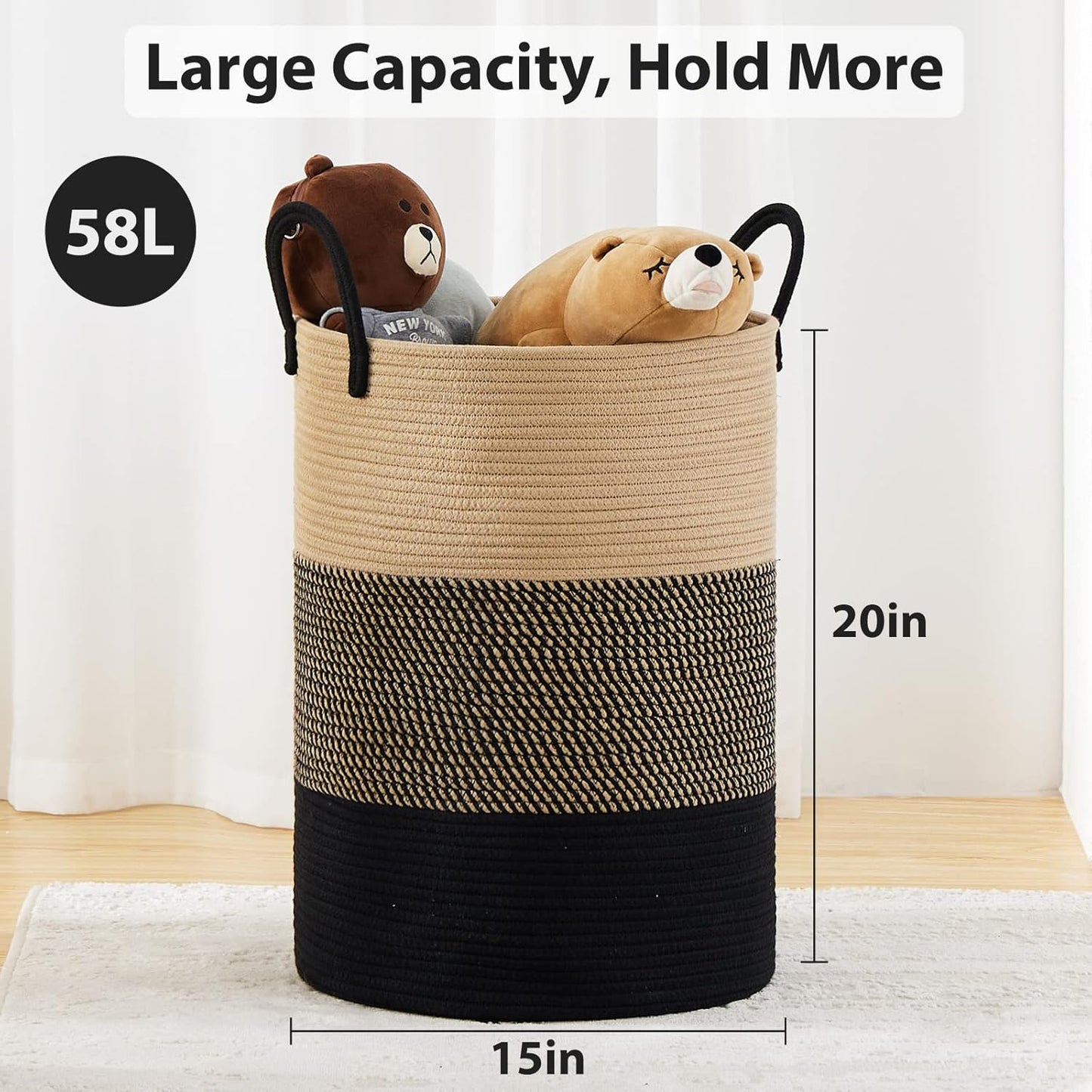 Fiona's magic 58L Large Woven Laundry Hamper, Tall Cotton Rope Laundry Basket, Boho Storage Basket for Blankets, Toys and Clothes Hamper for Bedroom and Living Room Organizing, Brown & Black
