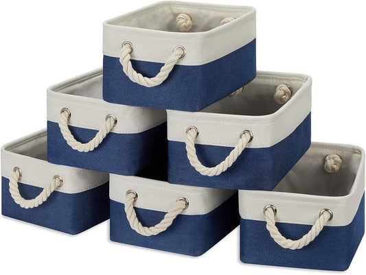 Temary Small Storage Baskets for Shelves, 6 Pcs Empty Gift Baskets for Organizing Clothes, Books, Fabric Storage Bins with Rope Handles (White&Blue,11.8 L x 7.9 W x 5.3 H inches)