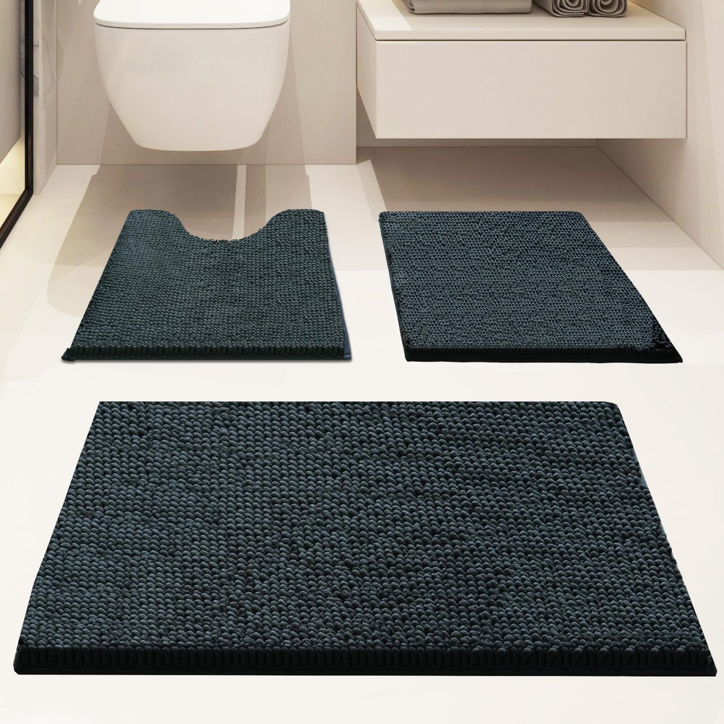3 Piece Bathroom Rugs Set, Non-Slip Bath Mats with PVC Backing, Super Absorbent Washable Plush