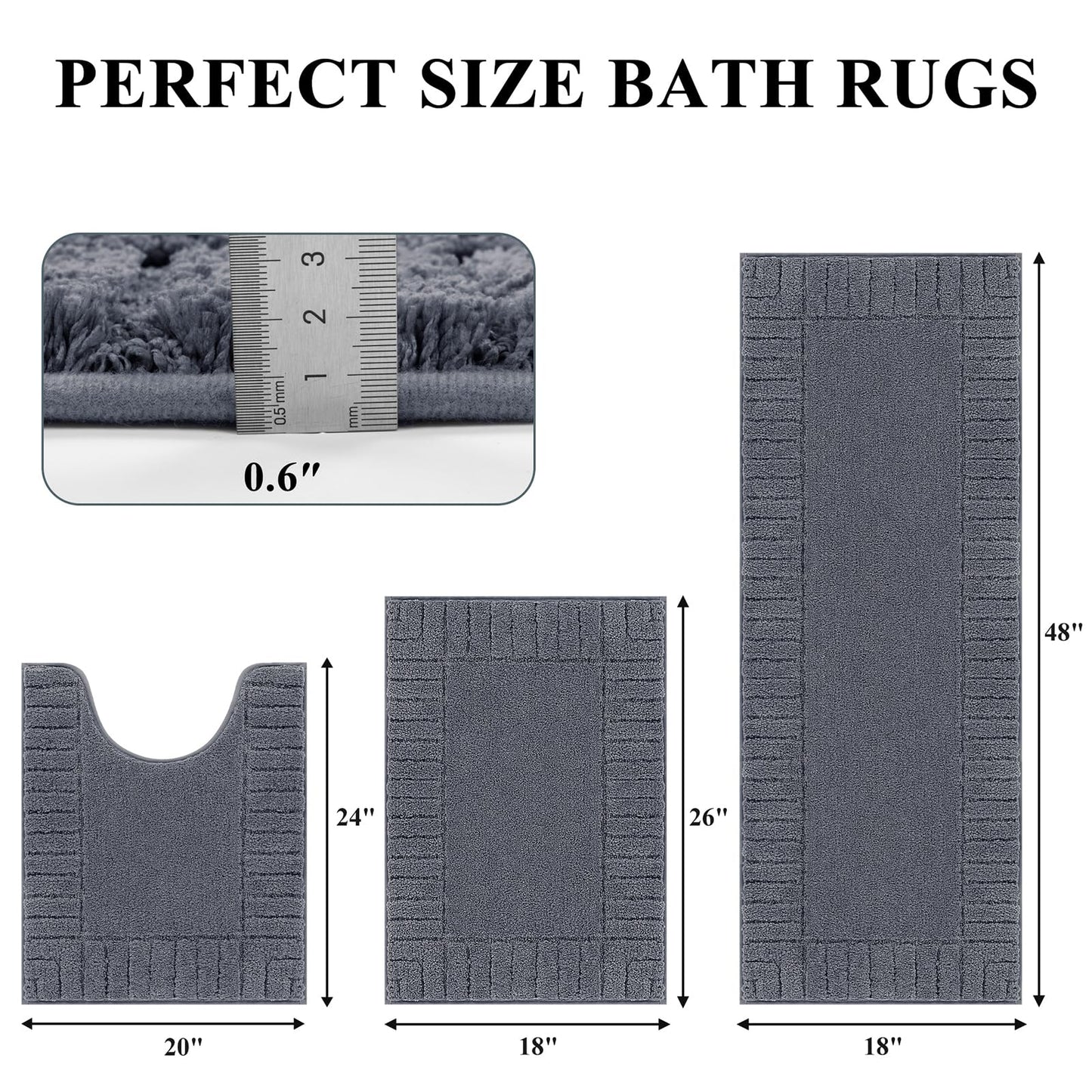 Pauwer Bathroom Rugs Sets 3 Piece, Microfiber Bath Mat Set, Dark Grey