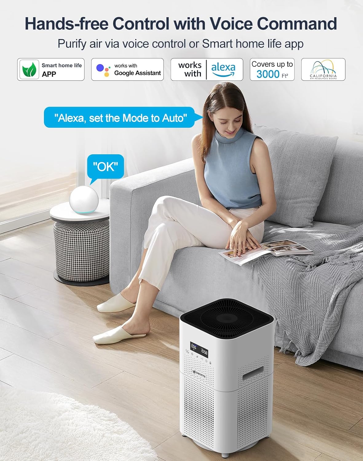 Dayette Smart WIFI Air Purifiers for Home Large Room Up to 3000 Sq Ft, APP & Alexa Control Air Cleaner, H14 Ture HEPA Filter for Allergies Pet Dander Smoke Dust, 22dB Sleep Mode for Bedroom