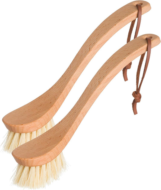 REDECKER Curved Dish Brush - Natural Tampico Fiber Bristles, Ergonomic Design with Oiled Beechwood Handle 9-1/4 inches, Set of 2 - Natural Bristle Kitchen Brush with Handle, Made in Germany