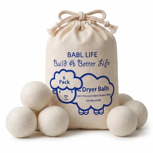 BABL LIFE Wool Dryer Balls 6 Pack, 100% New Zealand Wool, Reusable Dryer Balls for Laundry, Natural