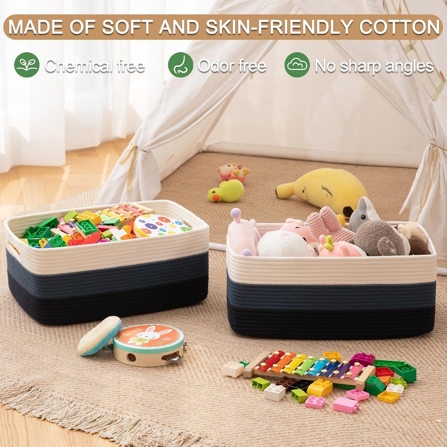 Large Storage Basket for Organizing, Woven Rope Basket for Shelves, Closet Organizer Bins for Clothes, Blanket, Toys, Baby Nursery Storage, 17.7" x 13" x 7.87", 2 Packs Gradient Blue