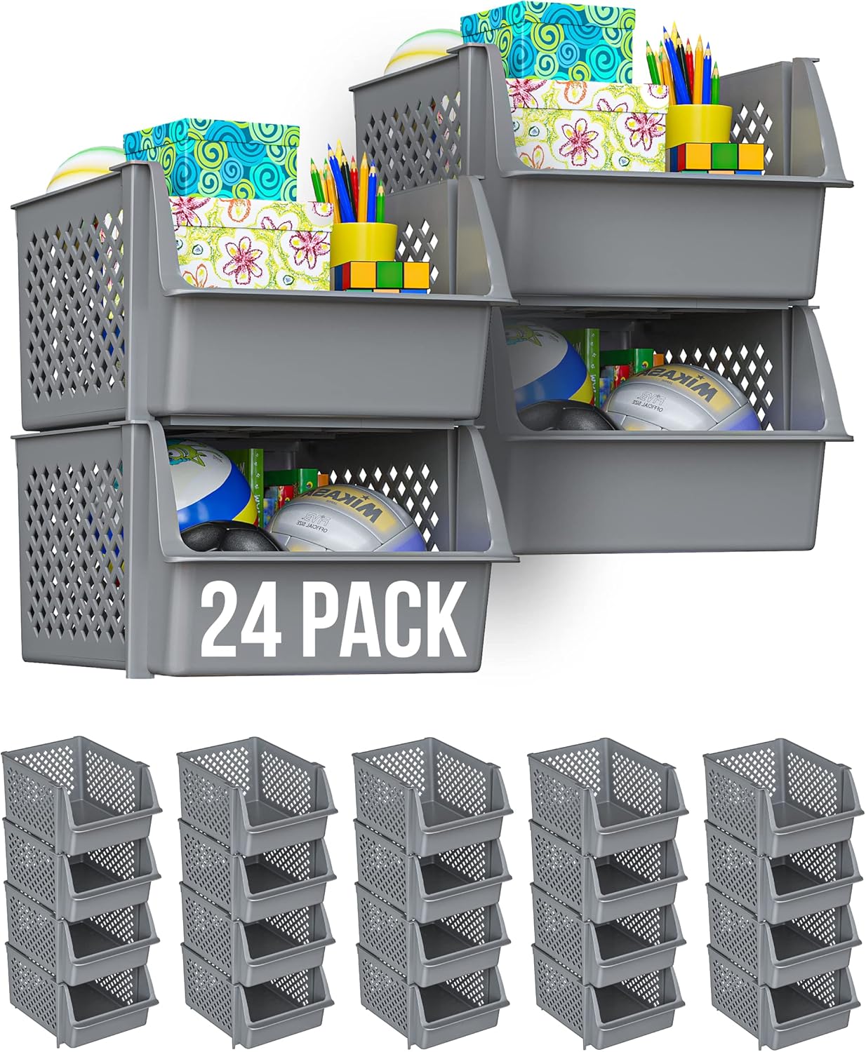 Skywin Plastic Stackable Storage Bins for Pantry - Stackable Bins for Organizing Food, Kitchen, and Bathroom Essentials (Grey - 24 Pack)