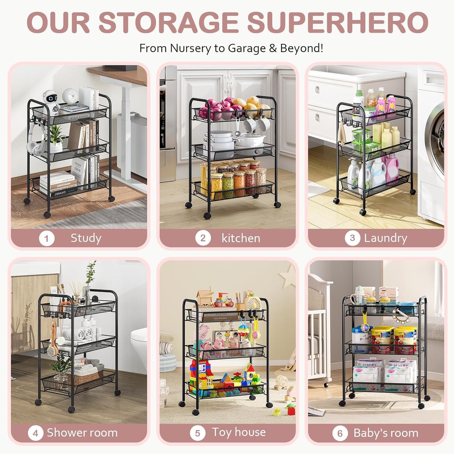 TOOLF 3-Tier Metal Rolling Cart, Mesh Wire Easy Assemble Utility Cart, Storage Trolley on Wheels with 3 Hooks, MetalStorage Shelving Units for Kitchen Bathroom Laundry Room