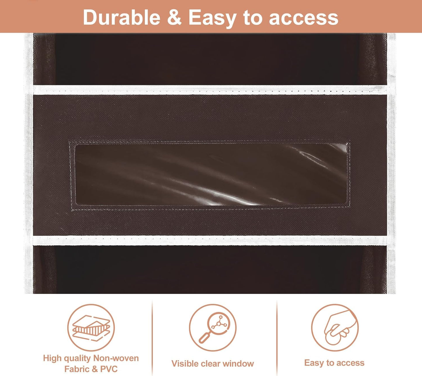 2 Packs 5-Tier Over the Door Storage Organizer with 10 Side Mesh Pockets, 48 lbs Load Capacity, 3 Hooks Design, Hanging Organizer with Clear Windows for Bathroom, Bedroom, Nursery, Kitchen-Brown