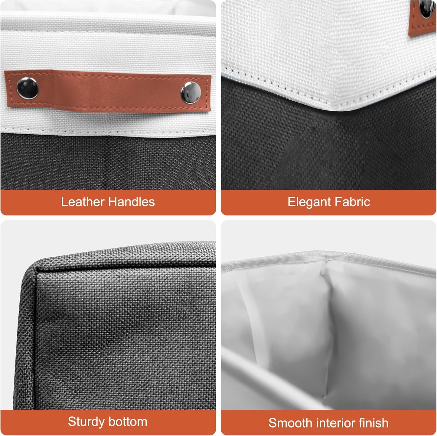 13in Open Fabric Storage Basket with Leather Handles for Organizing, Collapsible Linen Closet Bins for Shelves, Closets, Laundry, Decorative Basket for Gifts. (White＆Black, 2PCS/13x13in)