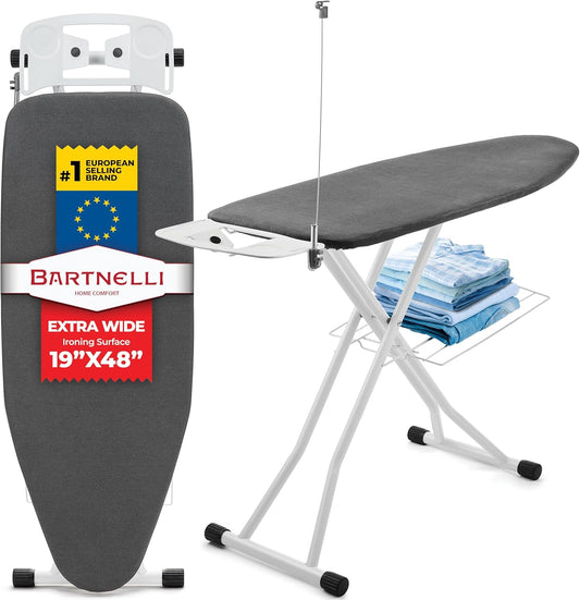 Bartnelli Extra Wide Pro Ironing Board 19x48 Ironing Surface with Iron Rest, Cord Holder, Shelf and