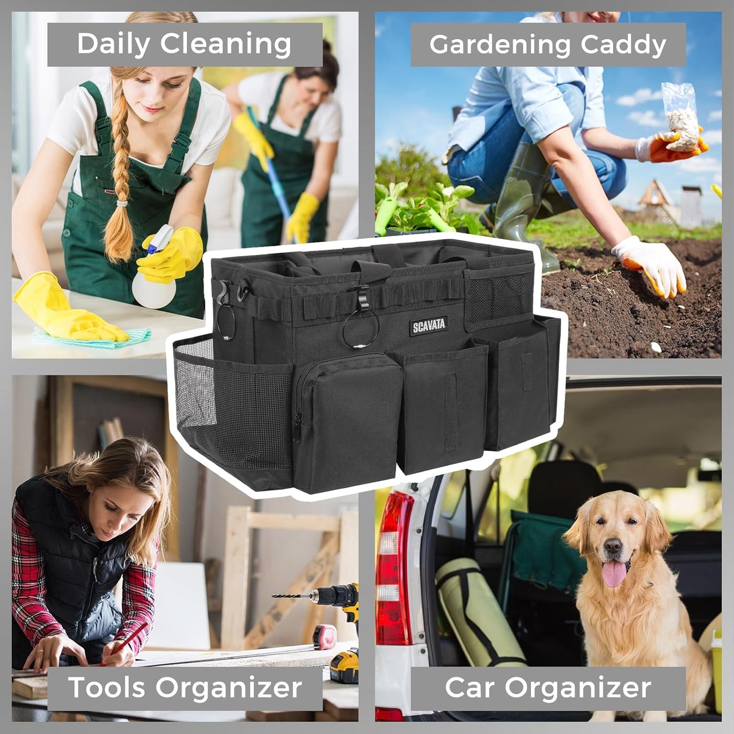 Wearable Cleaning Caddy Bag, Supplies Organizer with Handle & Shoulder Straps for Housekeepers, Under Sink & Car Cleaning Tool Organizer with 4 Foldable Dividers (Black)
