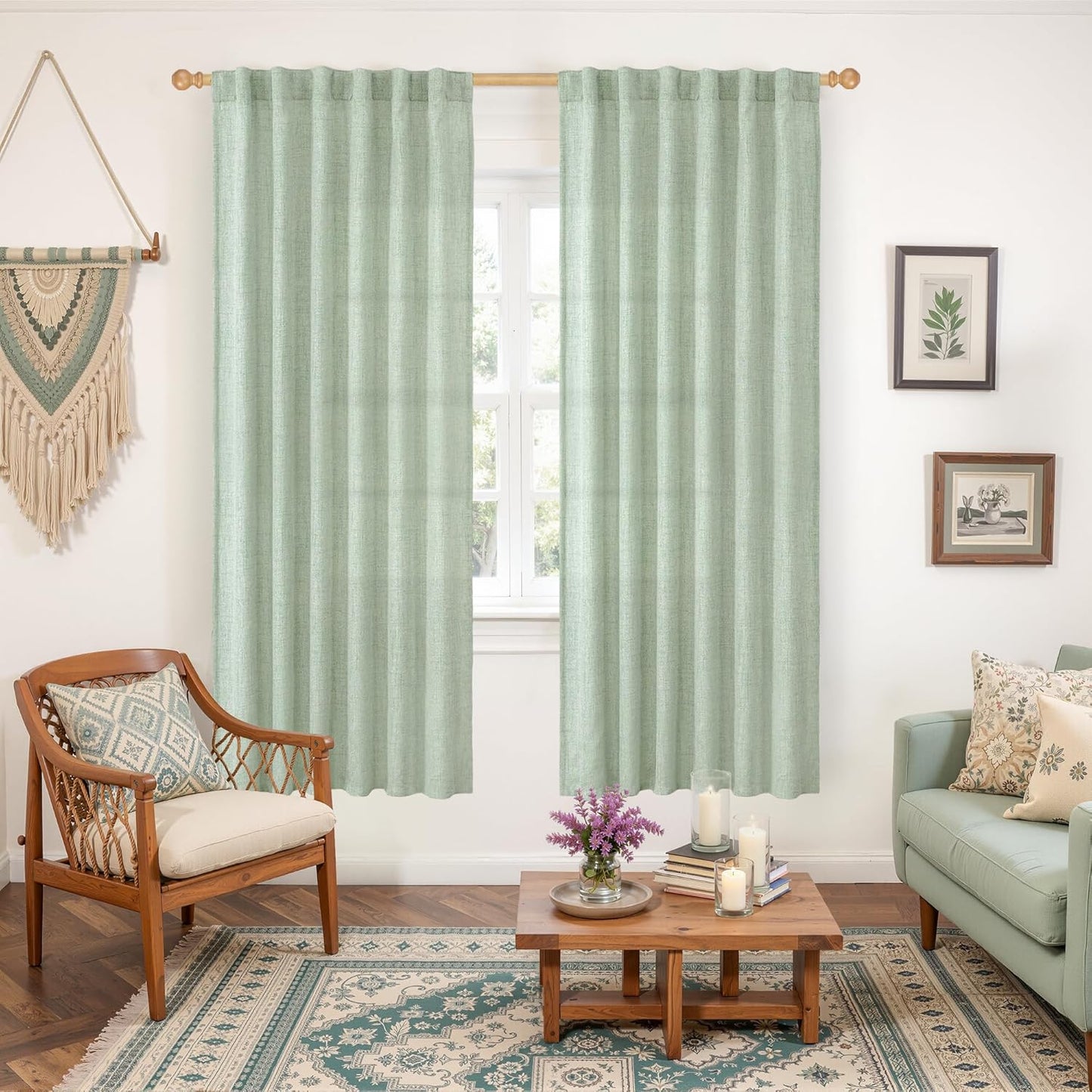 YoungsTex Sage Green Linen Curtains for Living Room 2 Panels, Semi Sheer Drapes Boho Light Filtering Window Treatments with Back Tab Rod Pocket for Office Dining Bedroom, 52 X 72 Inch