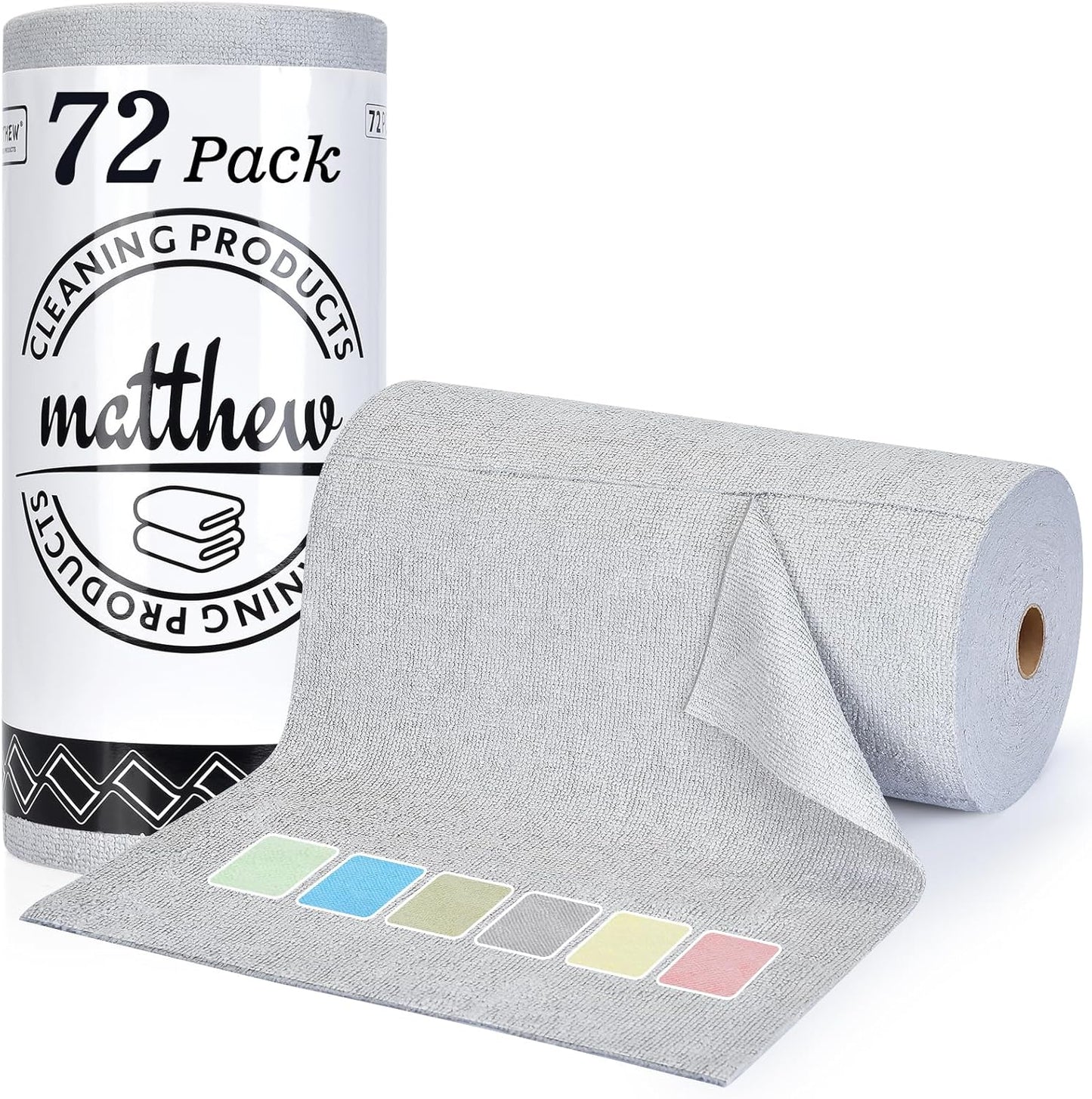 Matthew Microfiber Cleaning Cloth Roll 72Pack (12" x 12") Reusable Paper Towels&Washable Tear Away Towels,Ultra Water Absorbent Lint&Streak Free Cleaning Rags for Glass,Dishwash,Bathroom,Cars-Grey