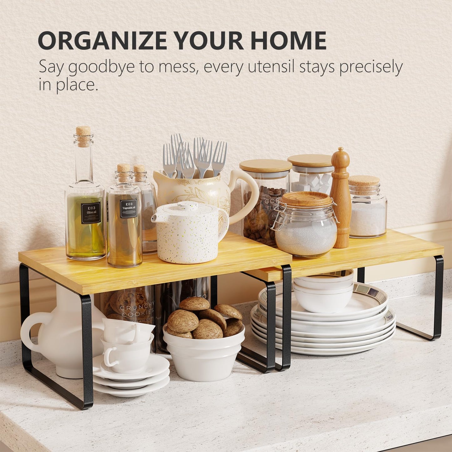 Simple Trending Bamboo Cabinet Organizer Shelf, Set of 2 Kitchen Counter Shelves, Stackable