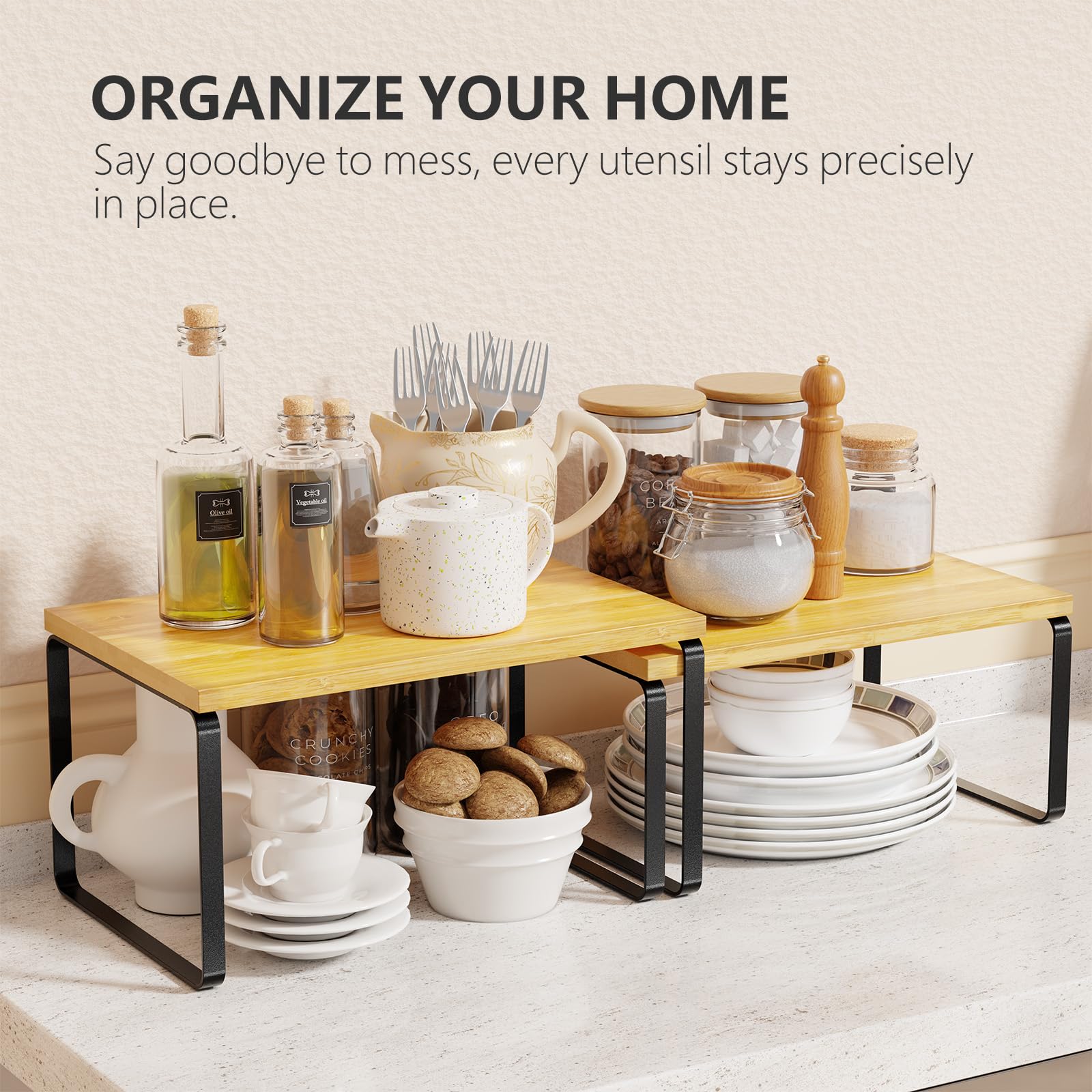 Simple Trending Bamboo Cabinet Organizer Shelf, Set of 2 Kitchen Counter Shelves, Stackable