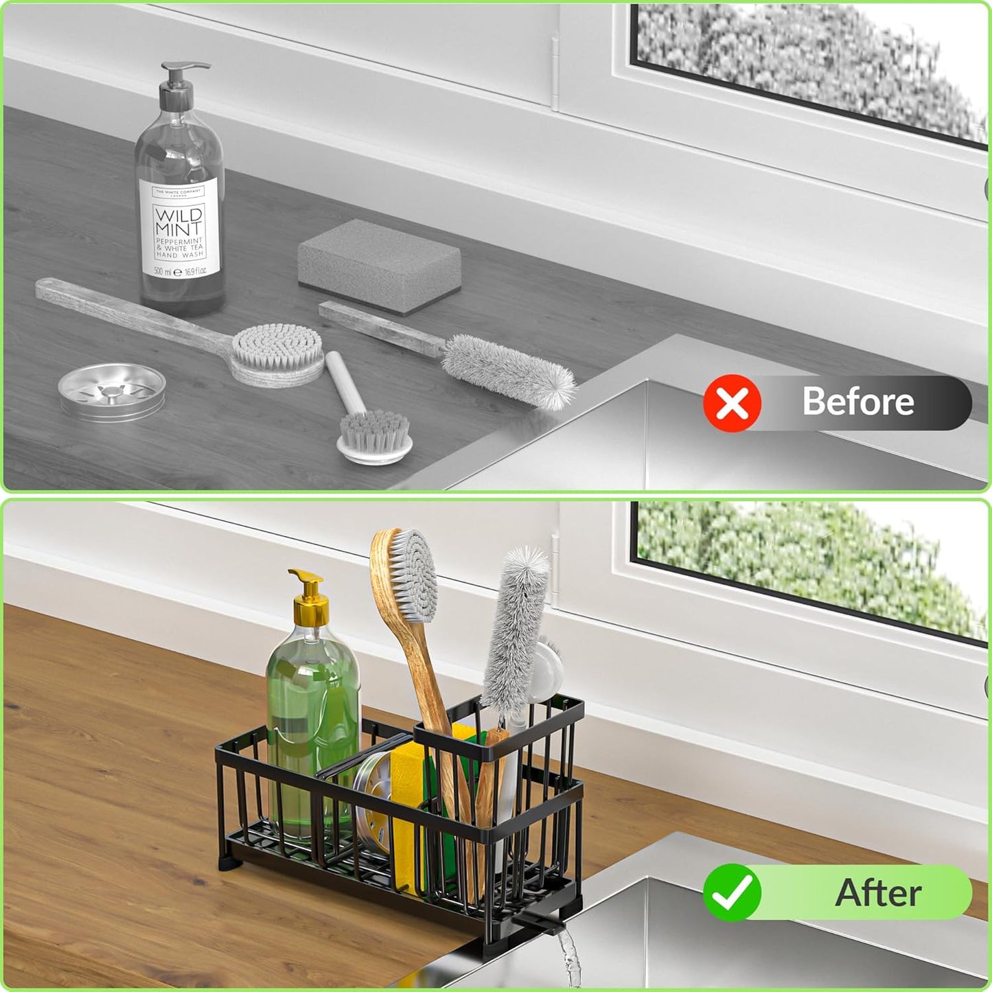 Self-Draining Kitchen Sink Caddy with Elevated Brush Holder – Rustproof Stainless Steel Multipurpose Sponge Holder for Kitchen Sink Organizer with Durable Design for Countertop