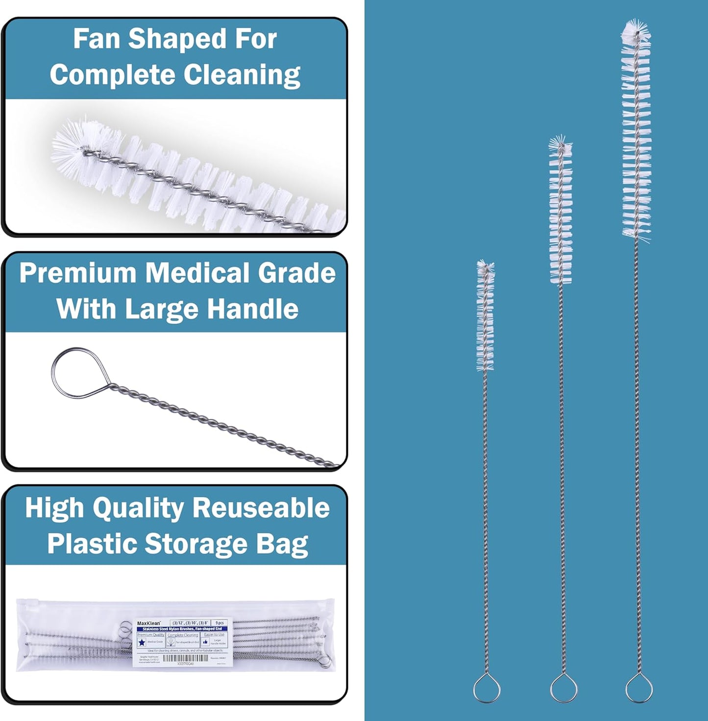 Strong 'n Flex Nylon Straw Cleaner Brushes – Fan-Shaped End for Tight Spaces, Ideal for Reusable Straws, Water Bottles, Sippy Cups & Pipes – Includes Zippered Pouch – 10" Long – Set of 3