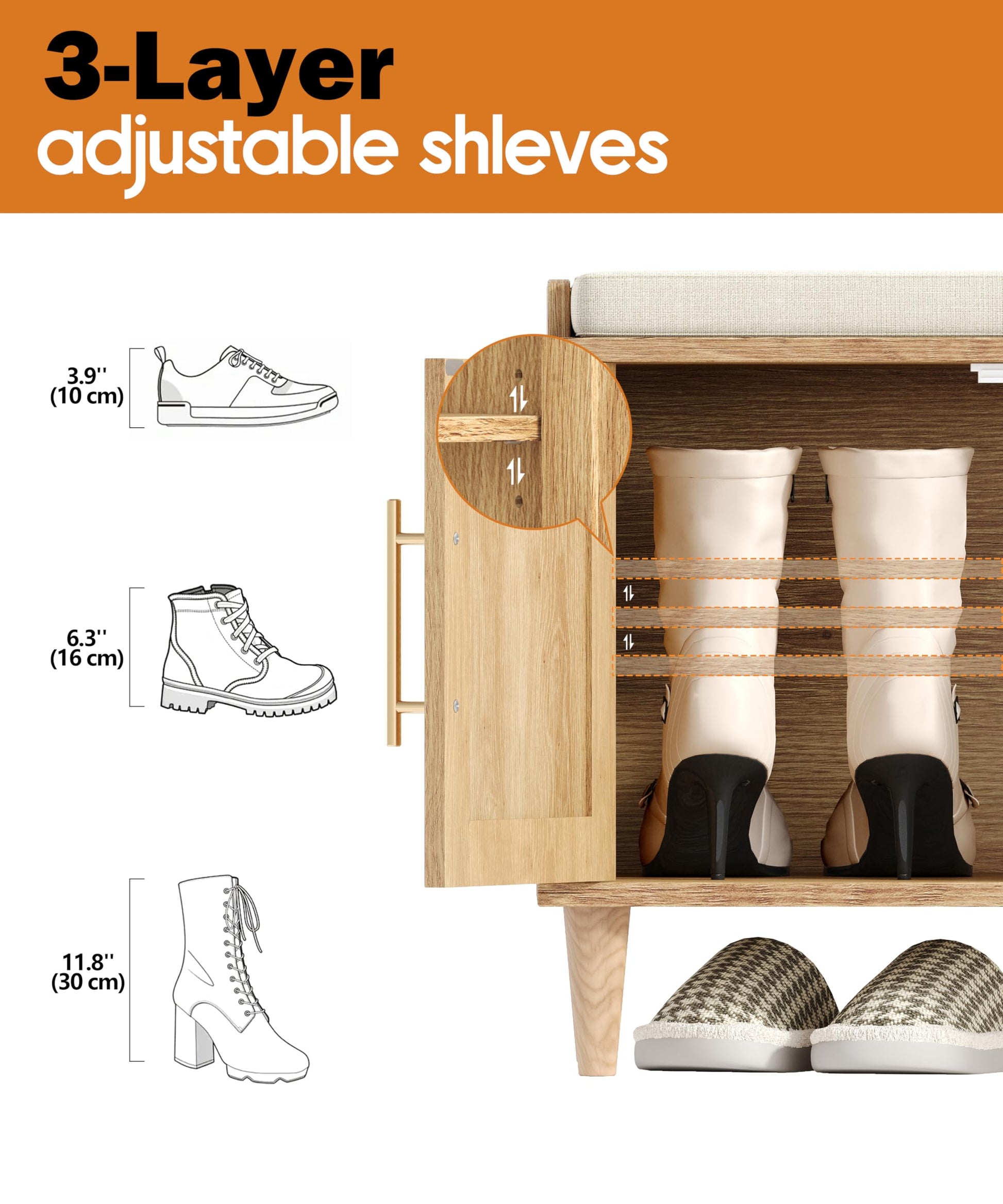 Akxomel 39.4" Rattan Shoe Storage Bench 2 Doors Wooden Entryway Bench Oak