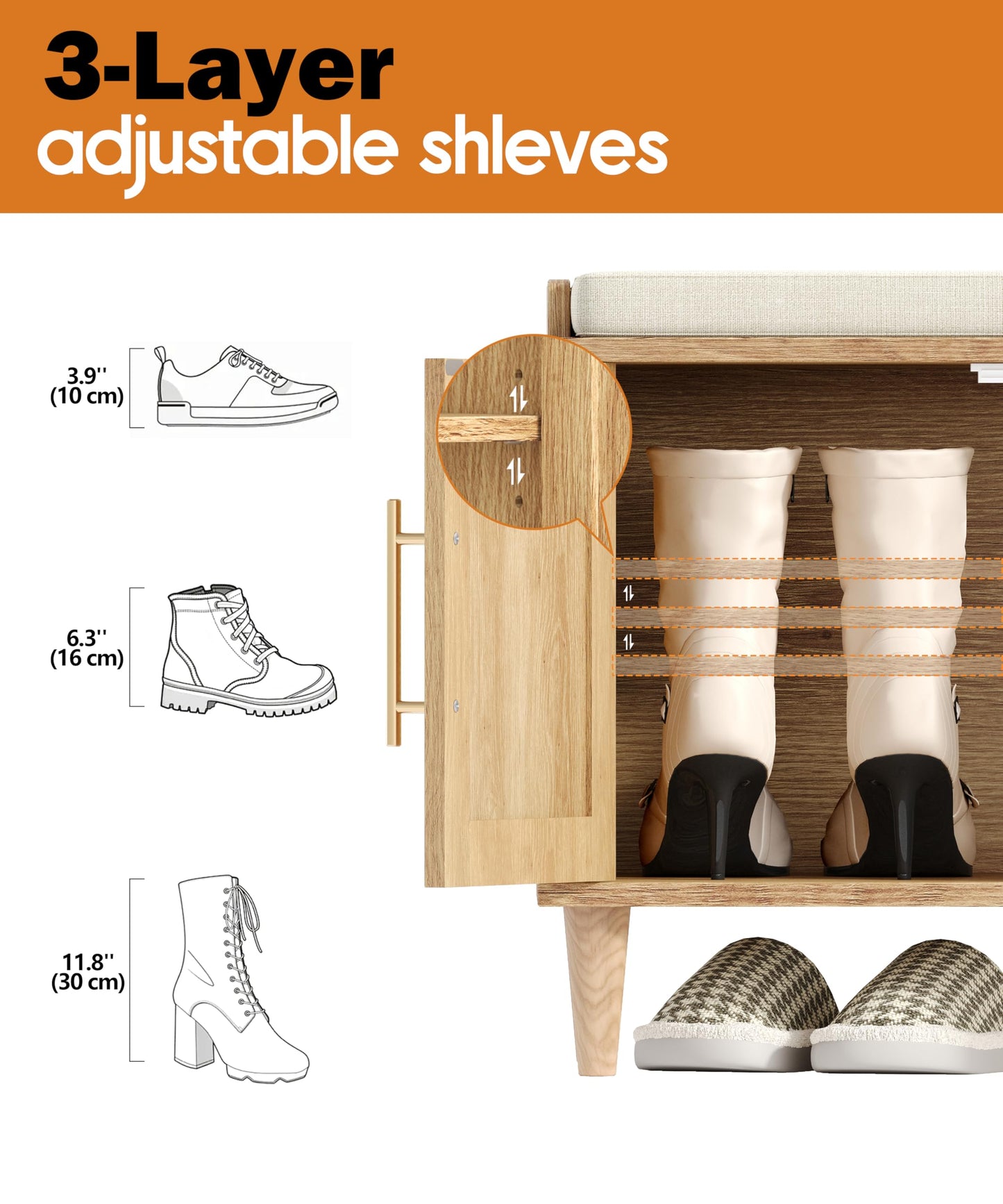 Akxomel 47.2" Rattan Shoe Storage Bench 4 Doors Wooden Entryway Bench Oak