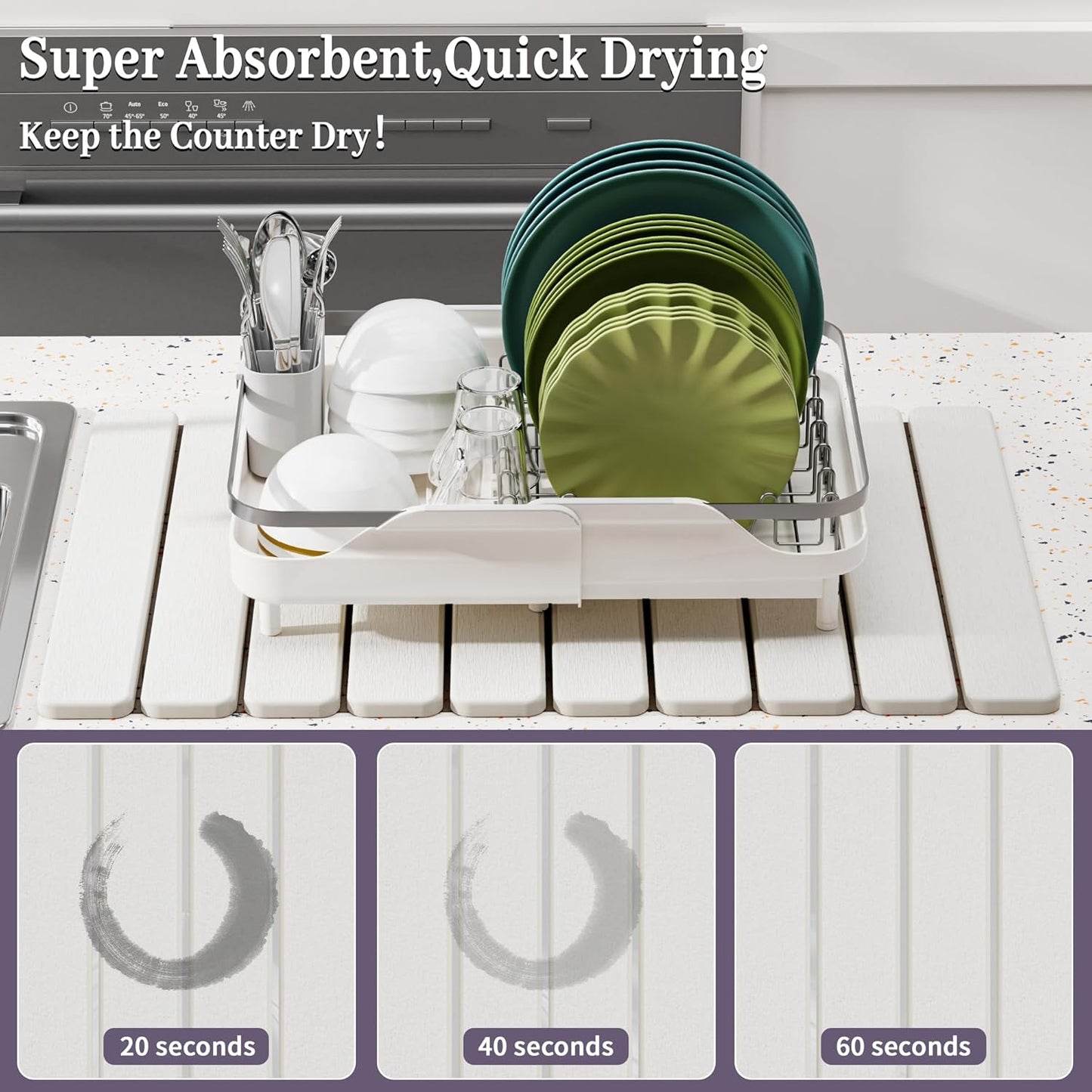 Large Stone Dish Drying Mats for Kitchen Counter – Foldable Quick Dry Stone Mat with Non-Slip Pad & Sandpaper, Super Absorbent Diatomaceous Earth Mat for Dishes and Cups(White 23.5"x15.5")