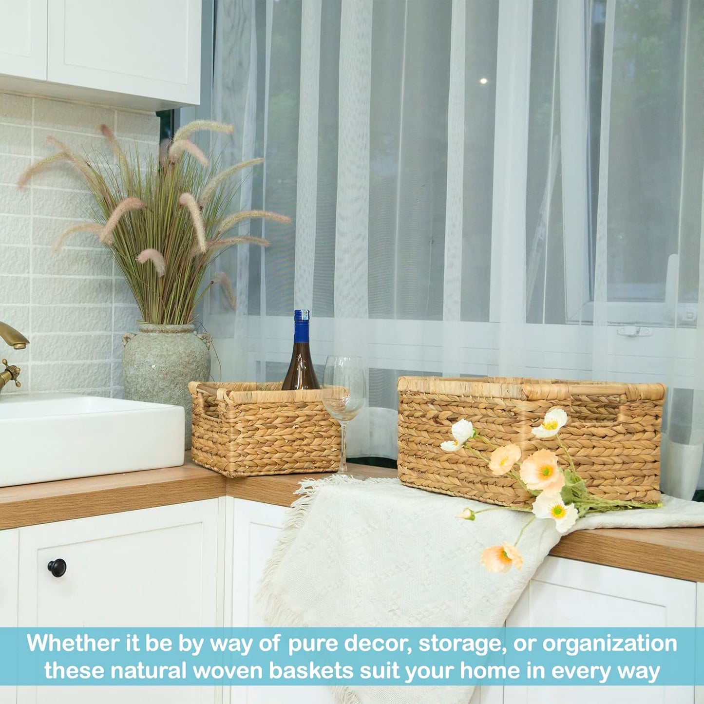 Water Hyacinth Storage Baskets with Wooden Handles, Rectangular Woven Organizer Bins for Closet, Pantry, Bathroom, or Shelves, Natural Decorative Storage Baskets for Home Organization – Set of 3