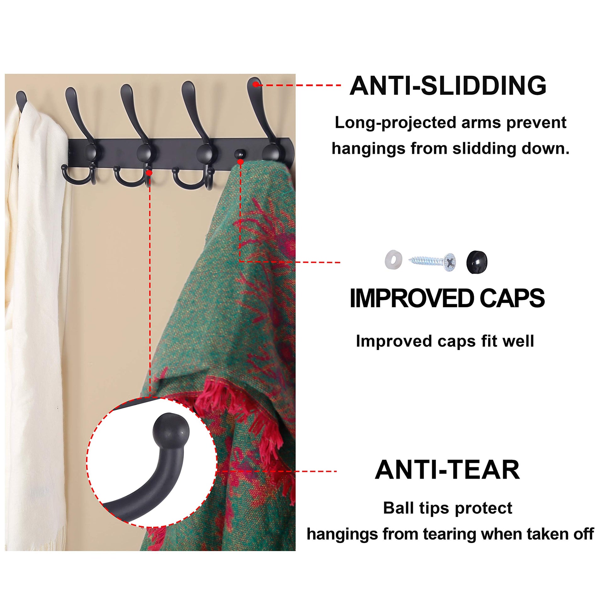 Dseap Coat Rack Wall Mounted - 5 Tri Hooks, Heavy Duty, Stainless Steel, Metal Coat Hook Rail for