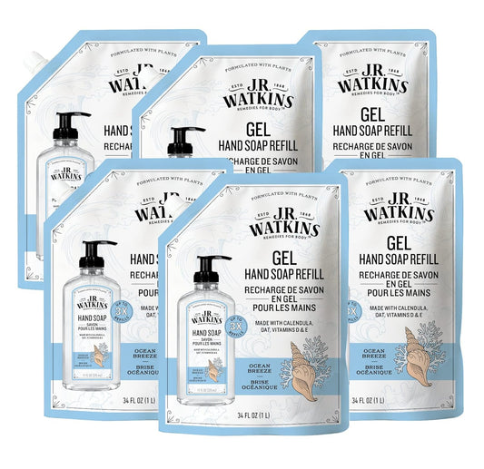 J.R. Watkins Gel Hand Soap Refill Pouch, Scented Liquid Hand Wash for Bathroom or Kitchen, USA Made and Cruelty Free, 34 fl oz, Ocean Breeze, 6 Pack