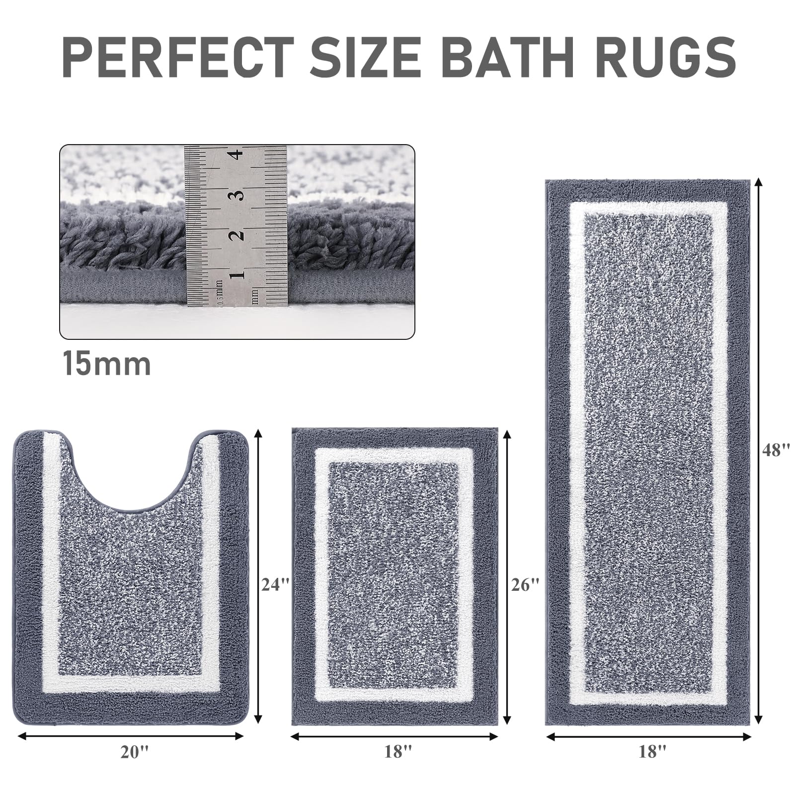 Pauwer Bathroom Rugs 3 Piece Set, Non Slip Washable Bath Mat, Dark Grey