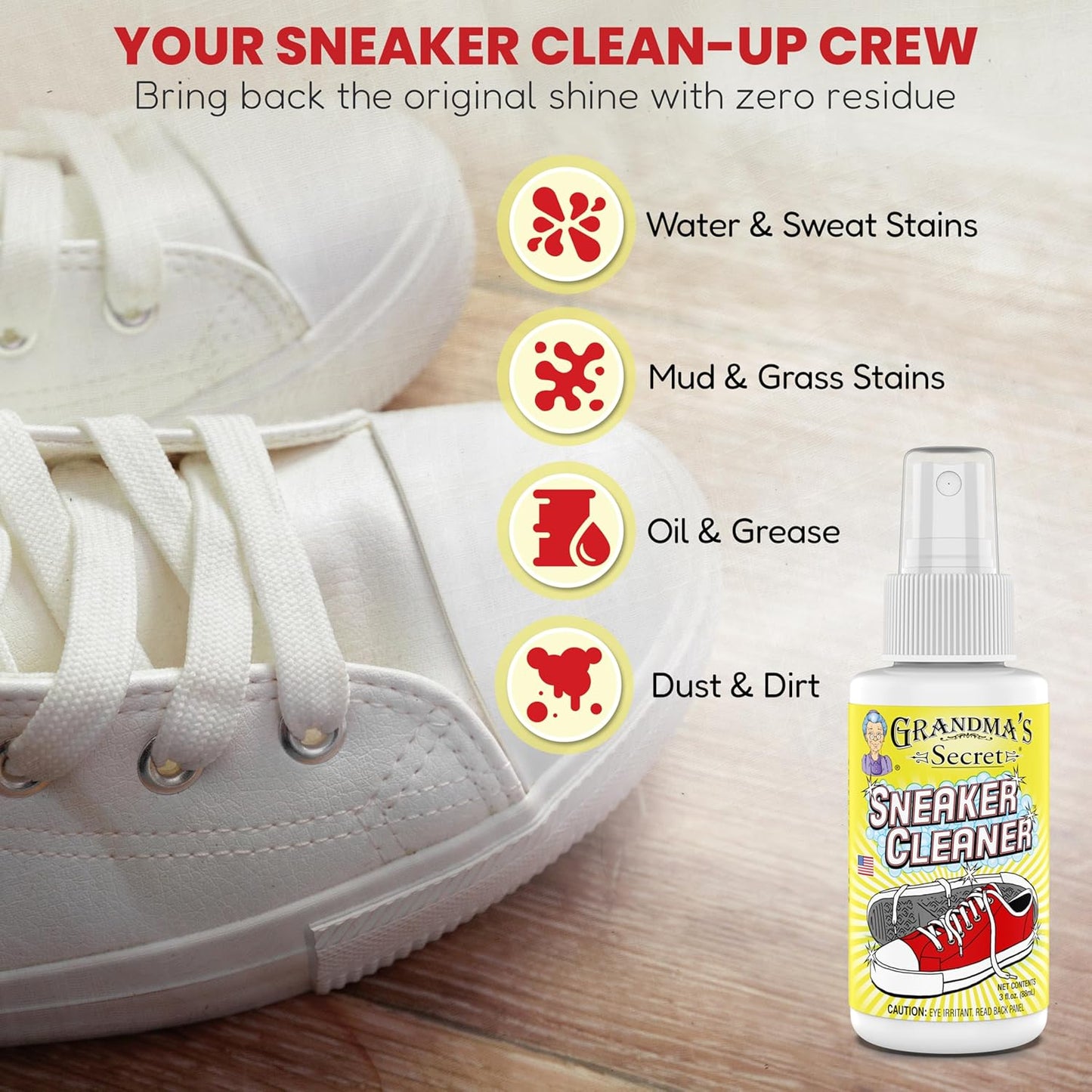 Grandma's Secret Sneaker Cleaner - Shoe Cleaner for Rubber, Canvas and Leather - Stain Remover Spray Removes Dirt, Grime and Grass - Sneakers Cleaner for Outdoor Shoes, Slippers and Moccasins ??3 oz