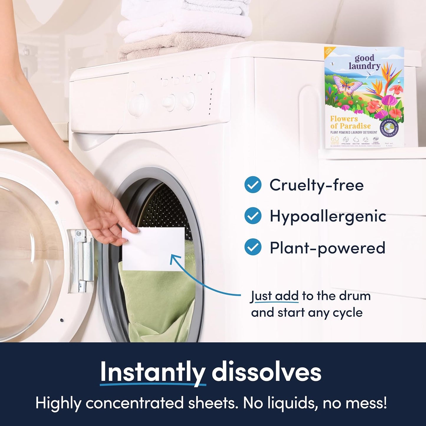 Good Laundry Flowers of Paradise Detergent Sheets, & Dryer Sheet Bundle - No Plastic Jugs, Eco-Friendly, Zero Harsh Chemicals, Hypoallergenic - Based in the USA