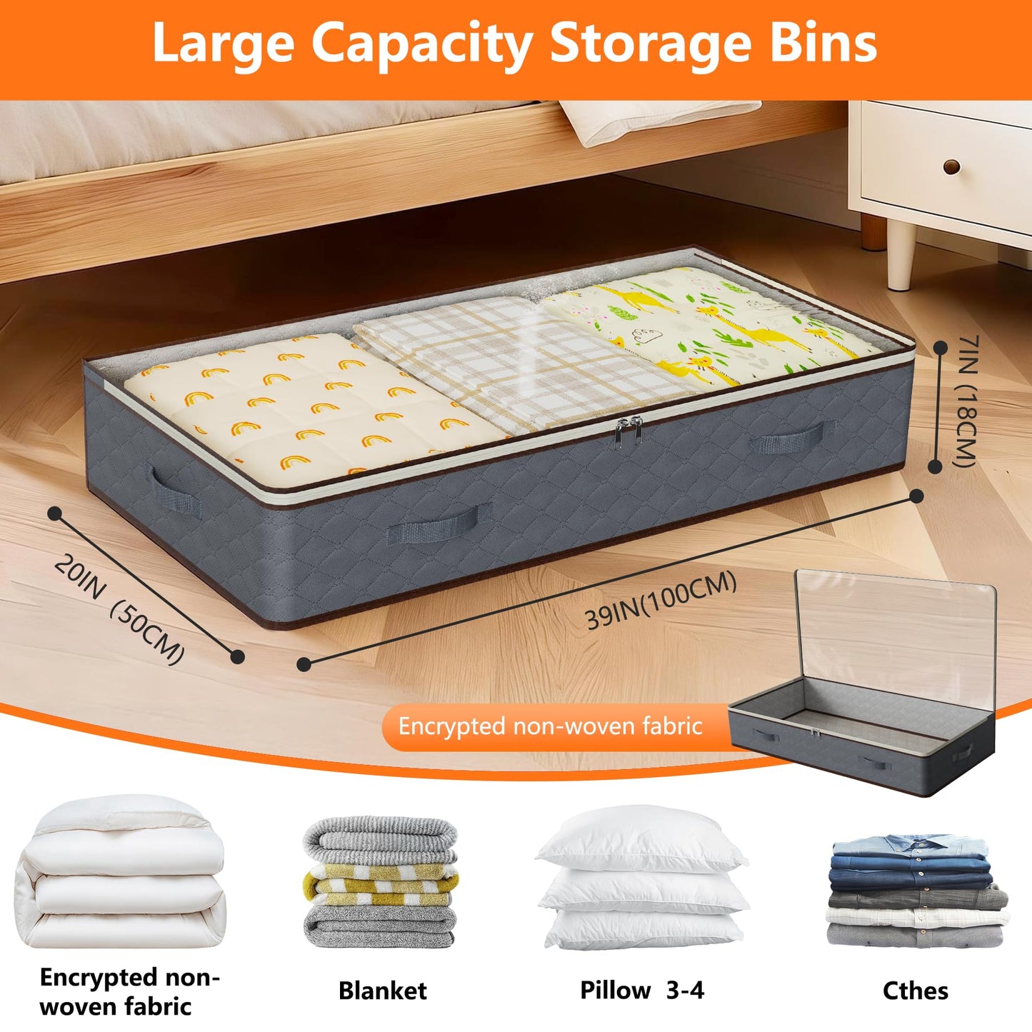 90L Under Bed Storage Containers,4-Pack Closet Organizer Storage Bins ,Grey