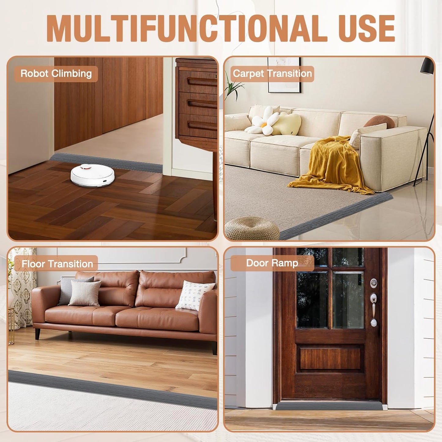 Floor Transition Strip Self Adhesive Vinyl Door Threshold for Doorways Carpet Edging Trim Overlap Edge Reducer for Laminate Floor, Carpet, Tile (Deep Gray Wood Grain, 2/5" to 3/5", 6.6Ft)