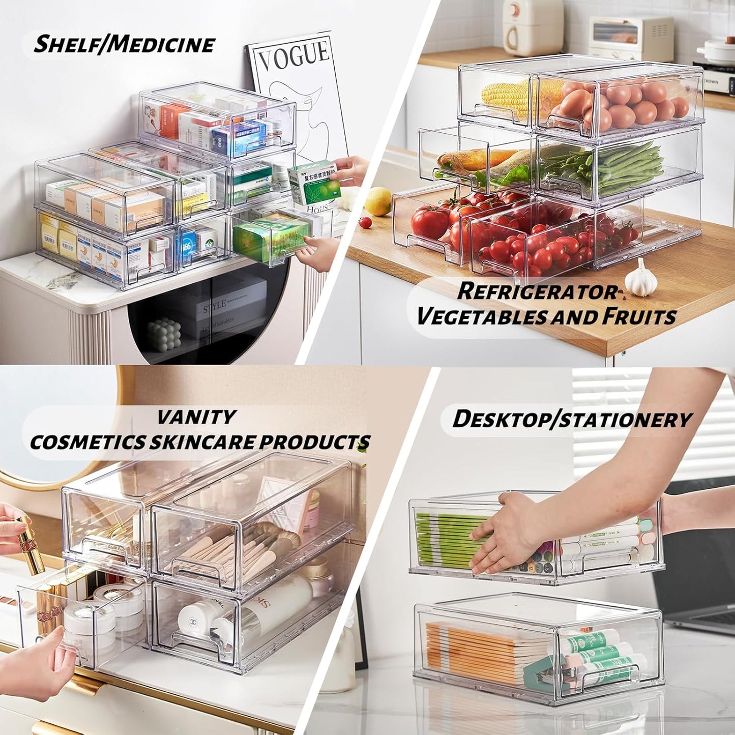 PeJeyiee 2 Pack Clear Stackable Refrigerator Organizers and Storage Drawers - Pull-Out Fridge Bins with Anti-Slip Base & Easy Clean, Plastic Organizers for Kitchen Pantry Cabinet Closet (Medium)