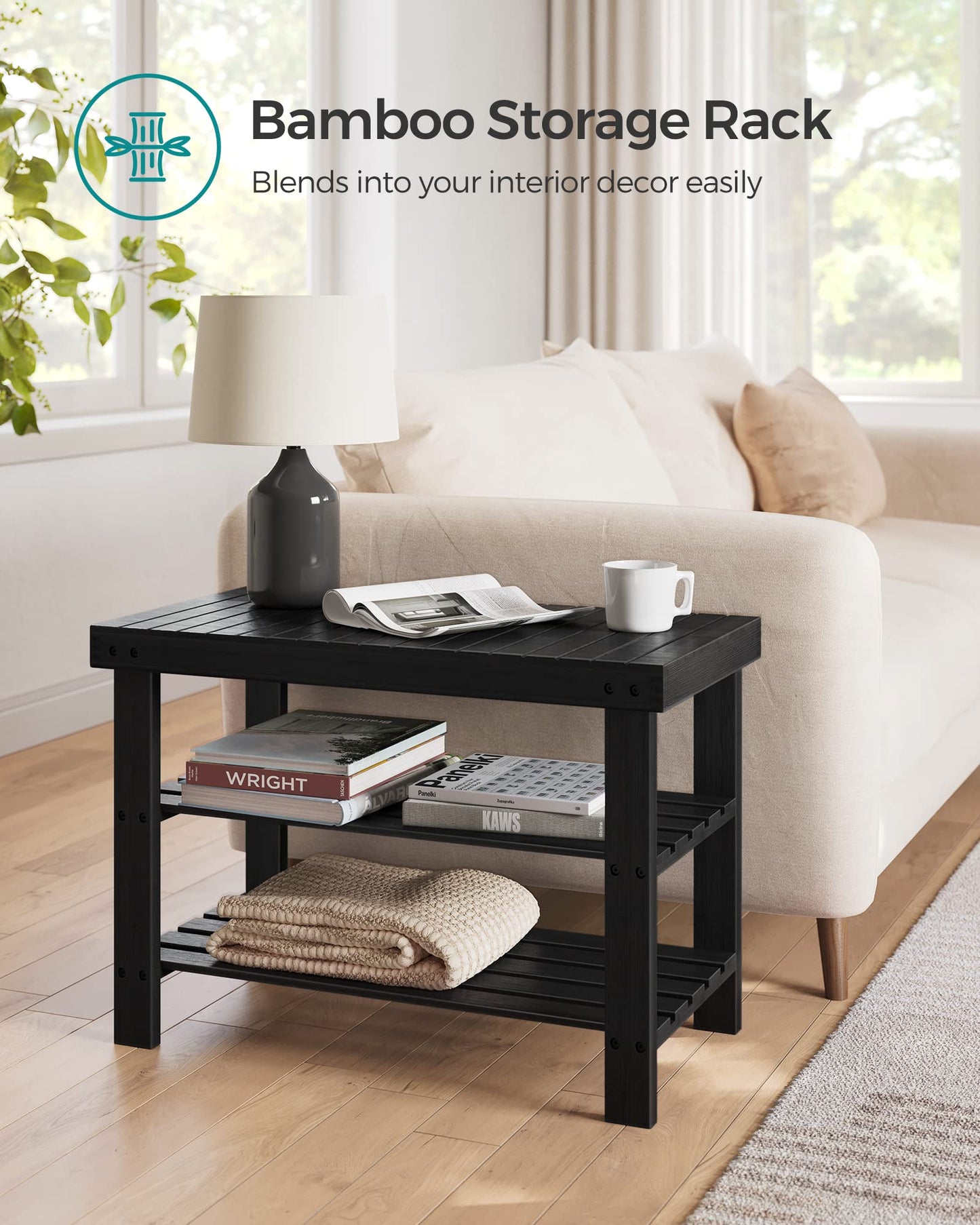 SONGMICS Shoe Rack Bench, 3-Tier Bamboo Shoe Storage Organizer, Entryway Bench, Holds Up to 286 lb