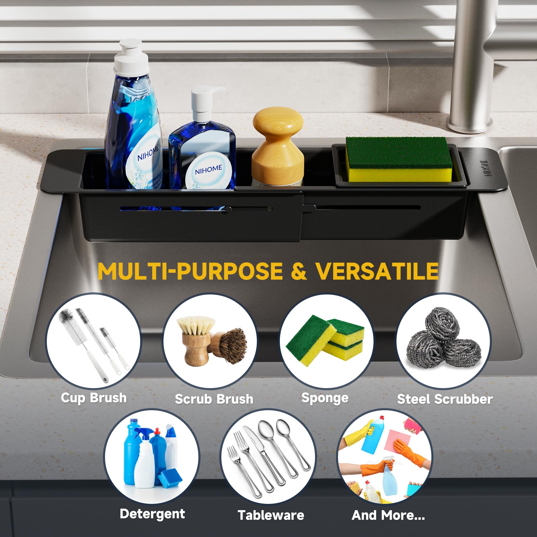 NiHome Extendable Kitchen Sink Caddy, Small Brush Sponge Storage Holder
