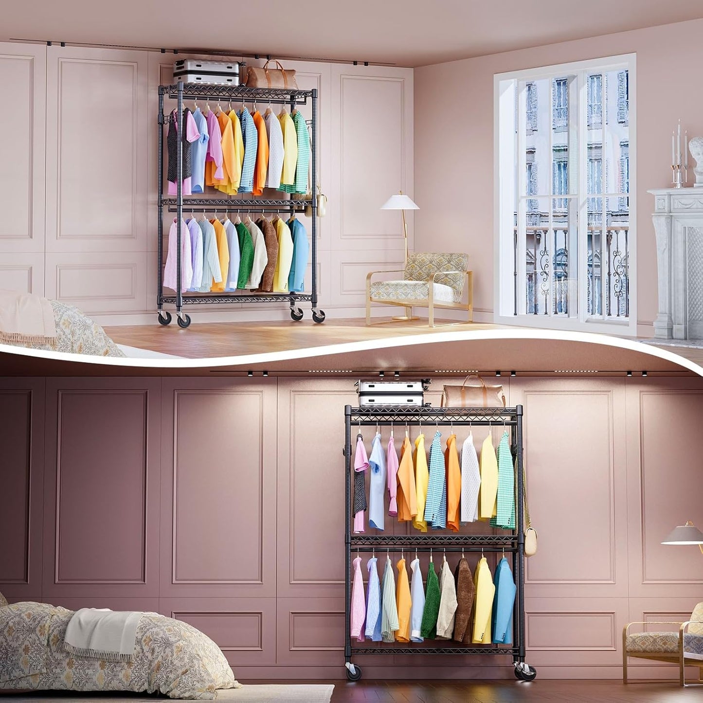 IZEUK 3 Tier Heavy Duty Rolling Garment Rack Wire Clothes Rack for Hanging Clothes, Metal Freestanding Closet Wardrobe Rack with Double Rods and Side Hooks Black 15.7" D x 45.3" W x 79.6" H