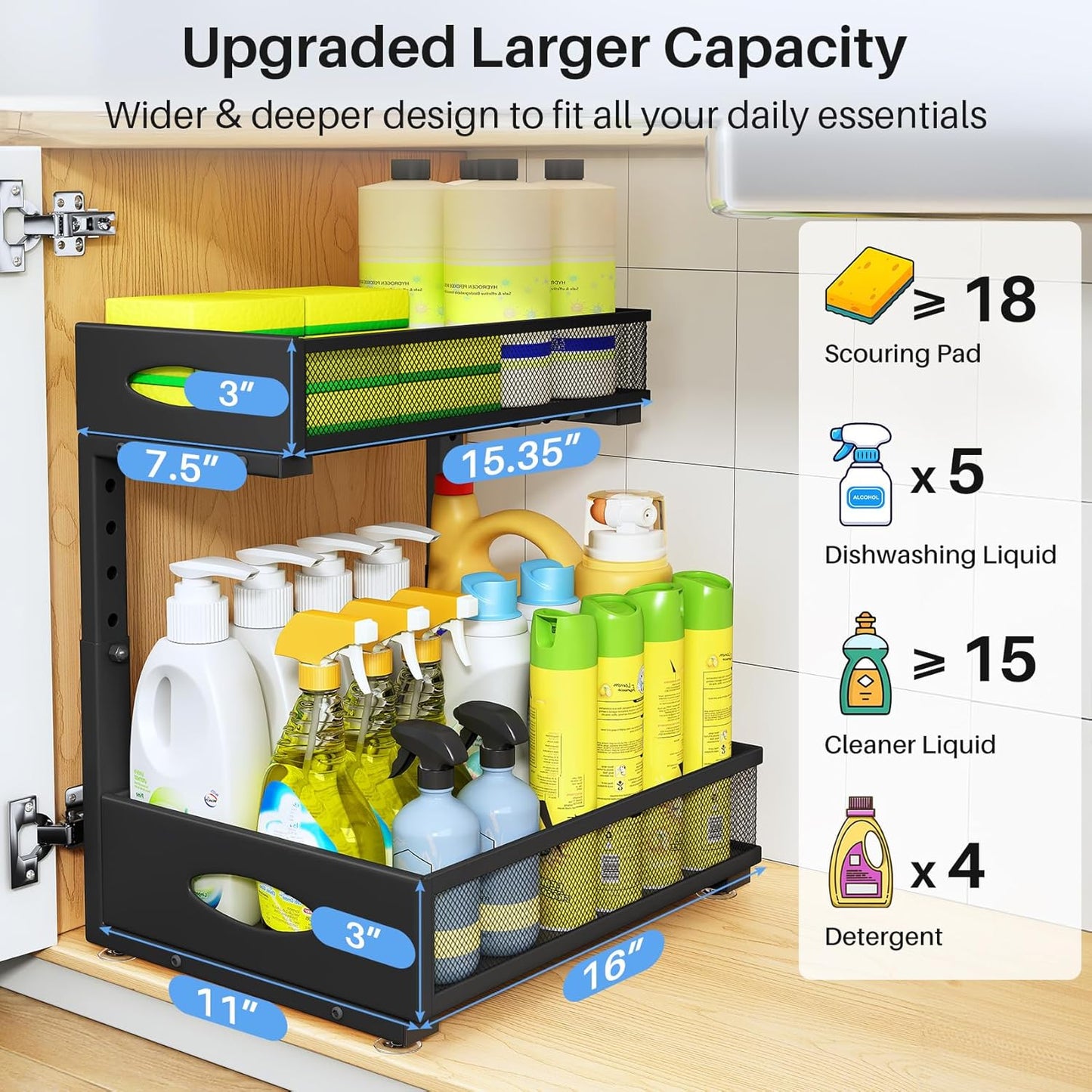 Under Sink Organizer, 2 Tier Pull Out Under Cabinet Organizer Shelf with Pad for Framed Cabinets, Metal Slide Out Under Sink Storage, Mesh Sliding Drawers for Kitchen Bathroom Laundry(Black, 1 Pack)