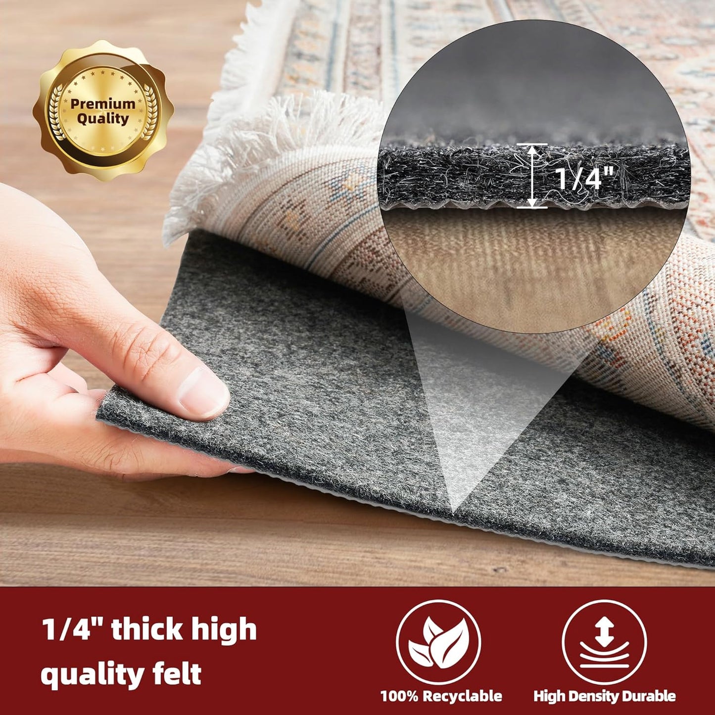 BAGAIL Felt and Natural Rubber Backing Rug Pads 1/4” Thick, 2 x 10 Ft Non Slip Carpet Gripper Keep Rugs in Place, Under Area Rug Protective Cushioned Pads, Carpet Runners, Hardwood Floors Protection