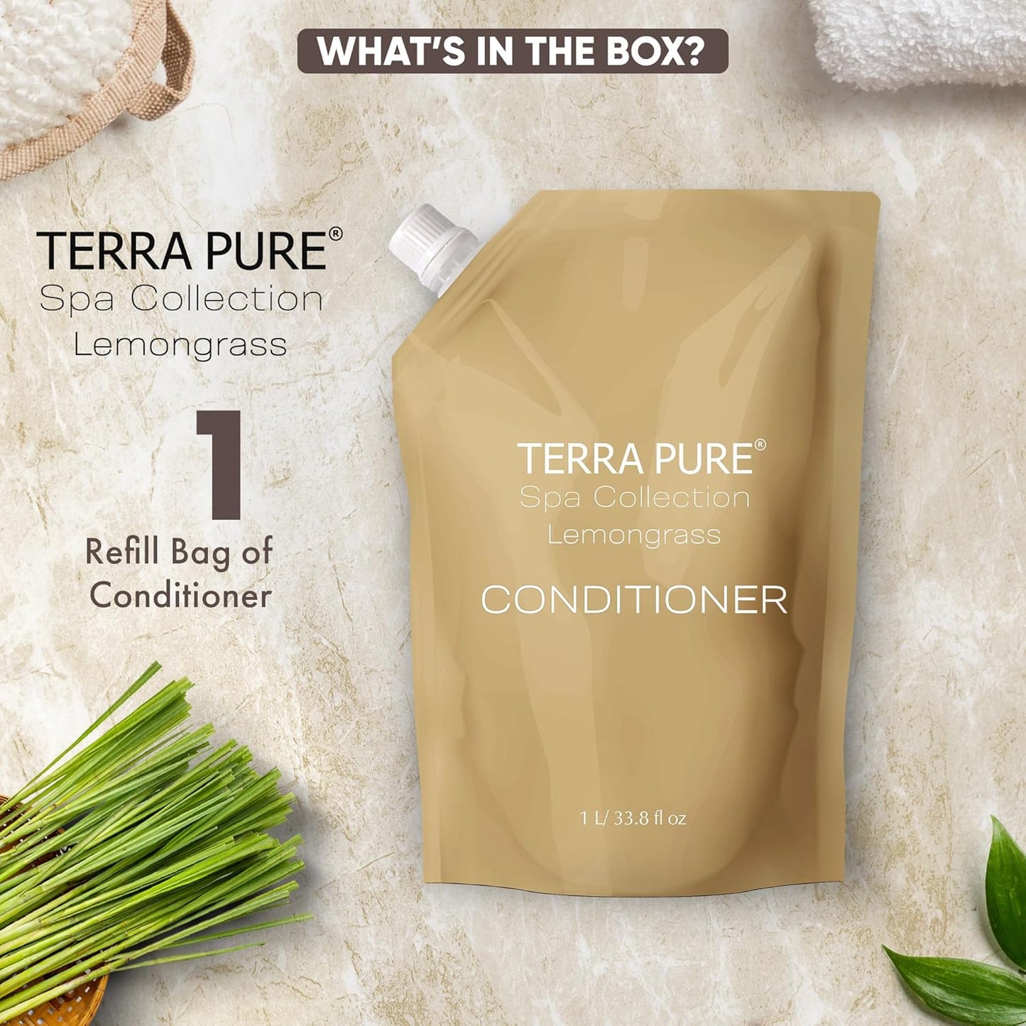 Terra Pure Spa Collection 1 Liter Conditioner Refill Bag For Soap Dispensers | Bulk Toiletries for Vacation Rentals, and Home Bathroom Showers | Green Tea Lemongrass | Single