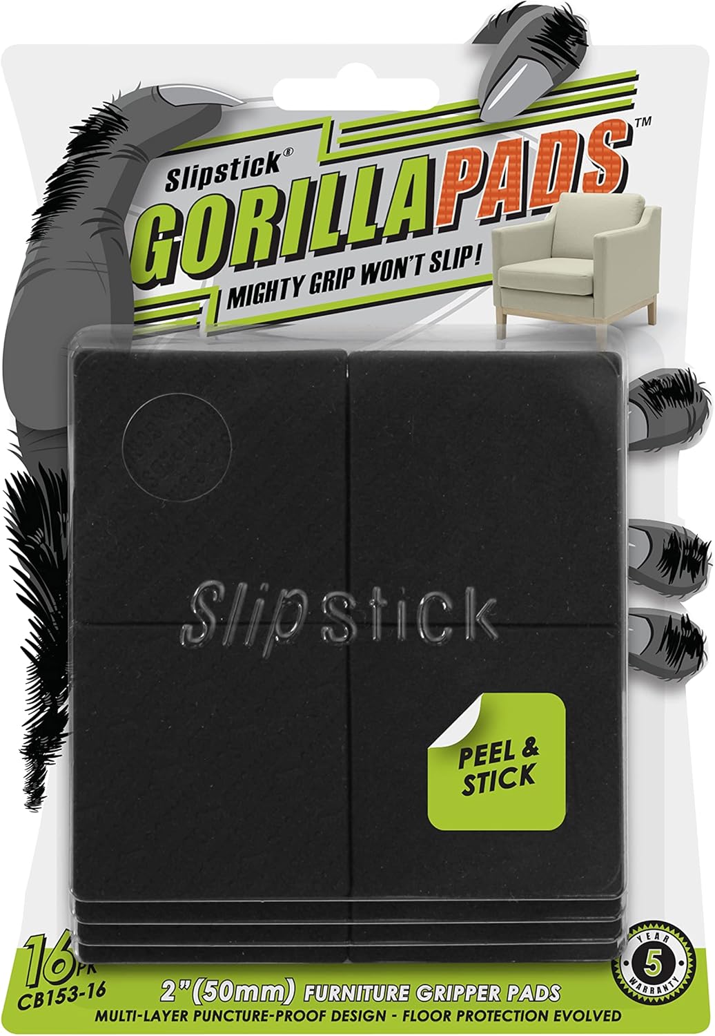 Slipstick GorillaPads Non Slip Furniture Pads/Gripper Feet Floor Protectors (Set of 16) Premium 2 Inch Square Self Adhesive Rubber Pads for Furniture Legs, Black, CB153-16