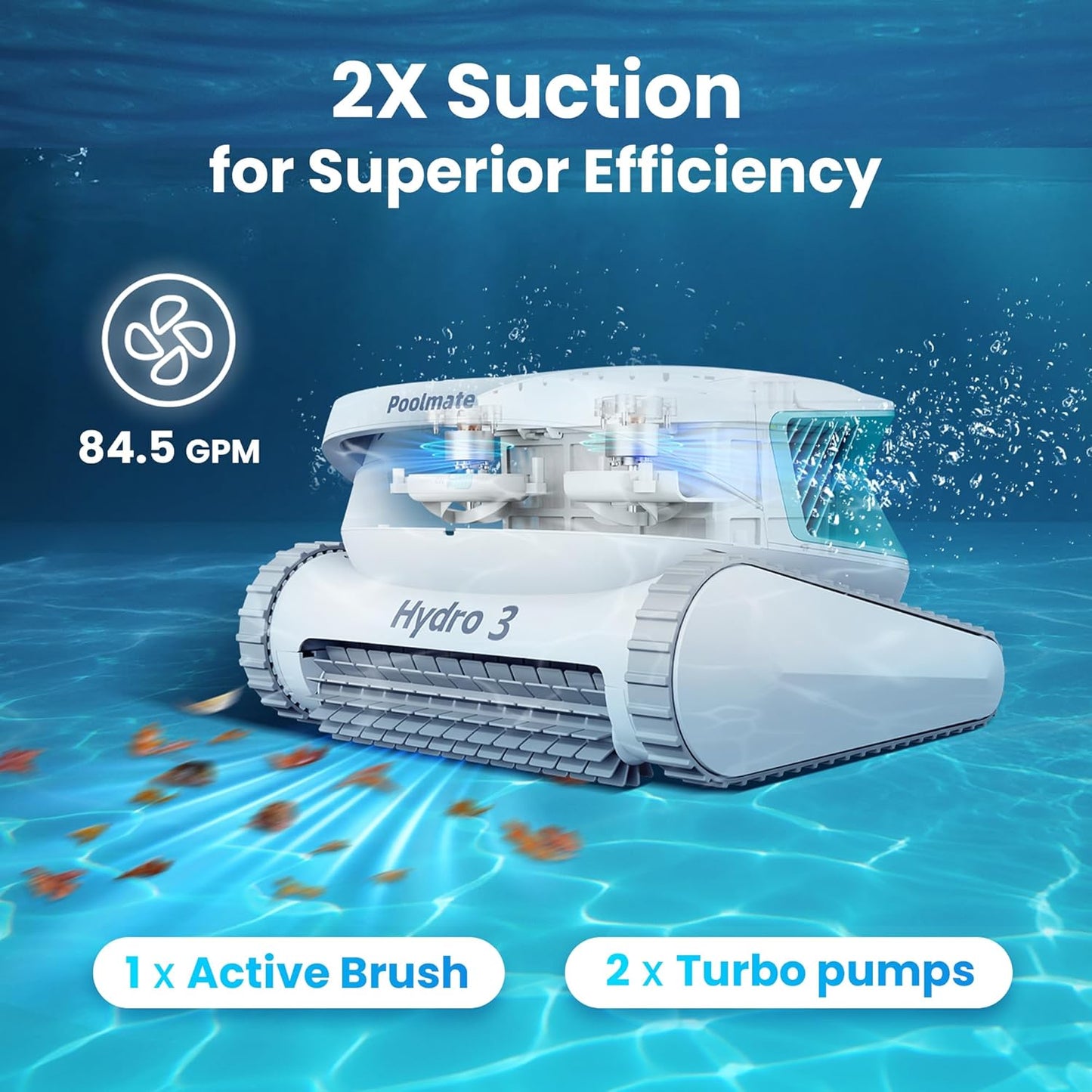 Poolmate Hydro 3 All-in-one Pool Vacuum Robot, 200mins Runtime Cordless Pool Cleaner, 2 150W Brushless Motor+Floor/Wall/Waterline Scrubber Brush,Ideal for Inground/Above-Ground Swimming Pools