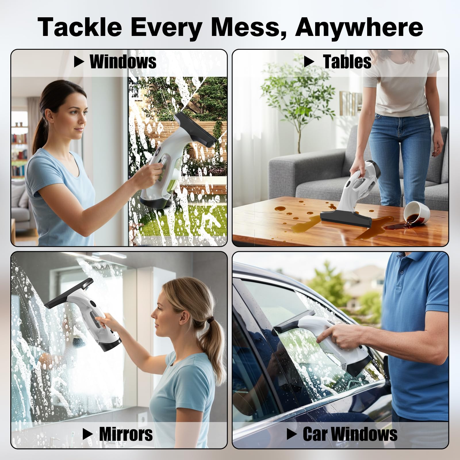 ZRHI Window Vacuum Squeegee Cordless, 2000Pa Electric Window Cleaner Tool with 2200mAh & 150ml
