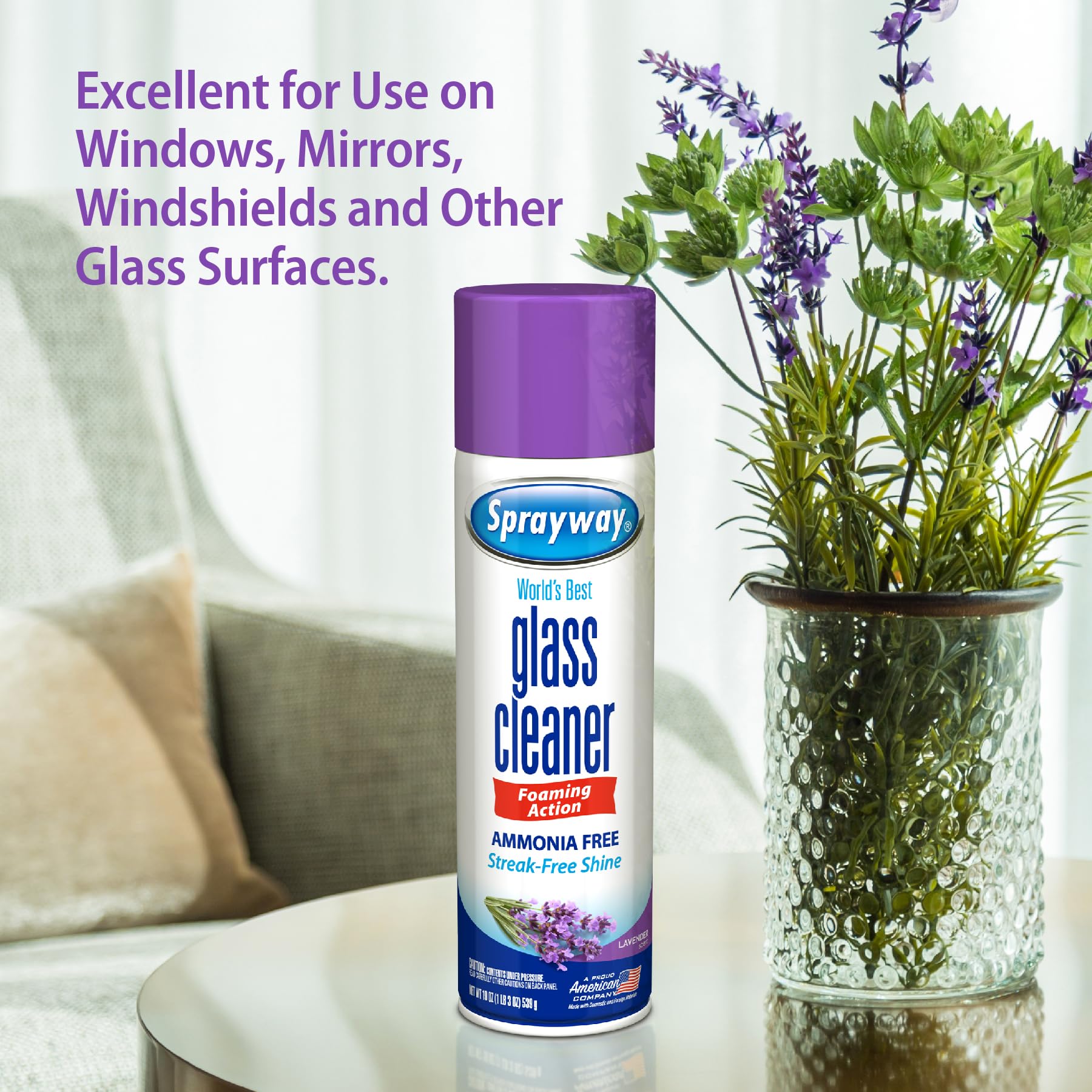Sprayway Glass Cleaner Lavender Scent Foaming Aerosol Spray, 19oz, Pack of 6 | Ammonia-Free