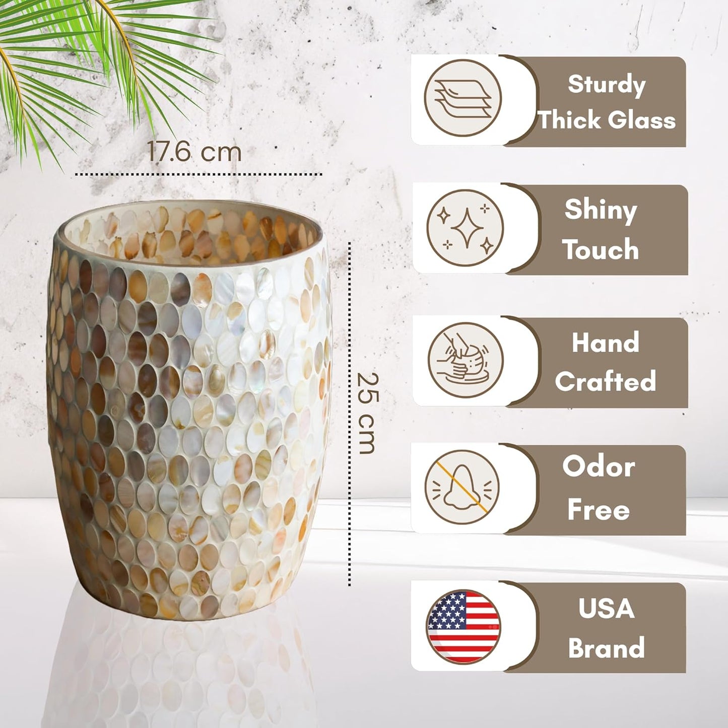 Escenzy Natural Shell Bathroom Trash Can Mosaic Glass 5L | Decorative Small Garbage Can | 7" x 10" | Luxury Waste Basket for Restroom, Office, Bedroom & Kitchen | Shiny Glass Bathroom Accessories