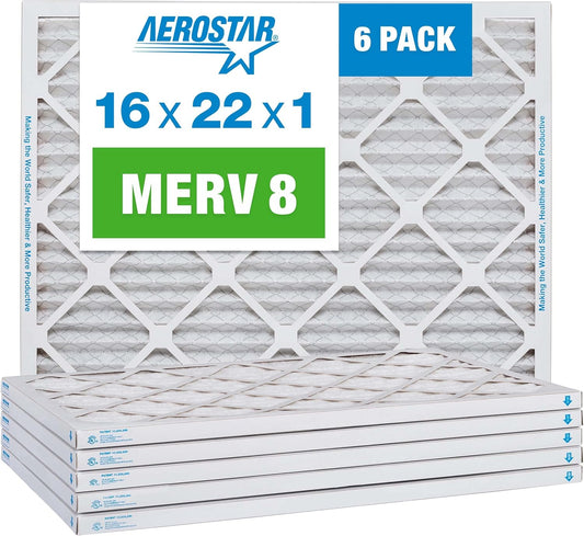 Aerostar 16x22x1 MERV 8 Pleated Air Filter, AC Furnace Air Filter, 6 Pack (Actual Size: 15 7/8" x