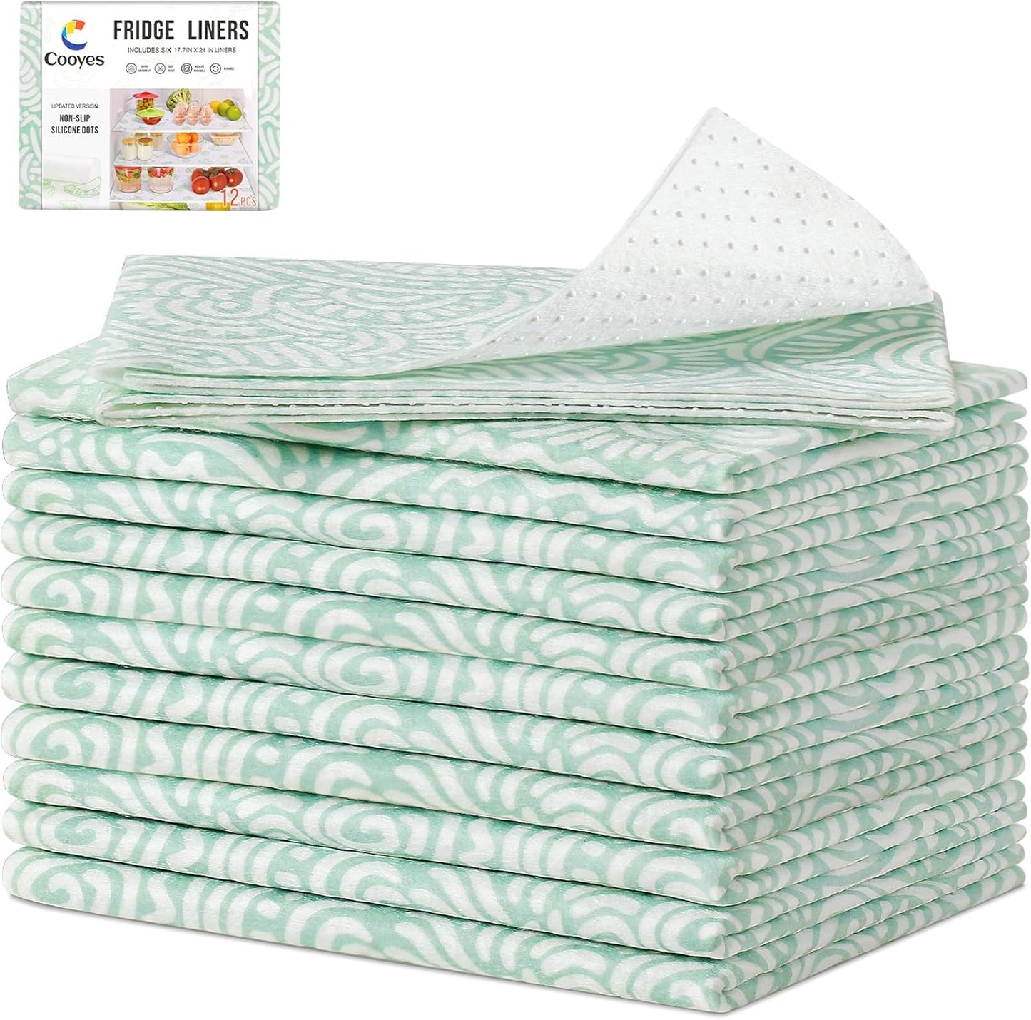 Cooyes 12 Pack Fridge Bin Liners, 12“ × 24” Refrigerator Mats with Non-Slip Particles, Drawer Liners for Kitchen Cabinets, Breathable Cloth Material BPAfree, Keep Produce Fresh Longer