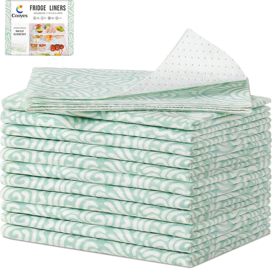 Cooyes 12 Pack Fridge Bin Liners, 12“ × 24” Refrigerator Mats with Non-Slip Particles, Drawer Liners for Kitchen Cabinets, Breathable Cloth Material BPAfree, Keep Produce Fresh Longer