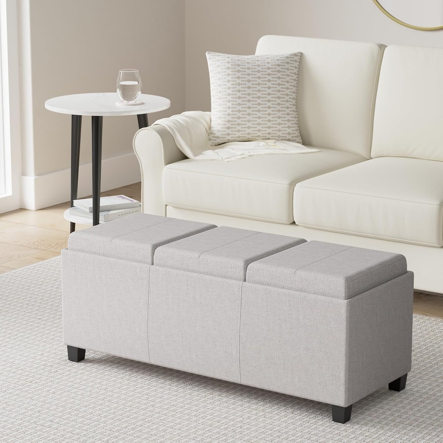 SIMPLIHOME Avalon 42 inch Wide Contemporary Rectangle Storage Ottoman in Cloud Grey Linen Look Fabric, Assembled, for the Living Room, Entryway and Family Room