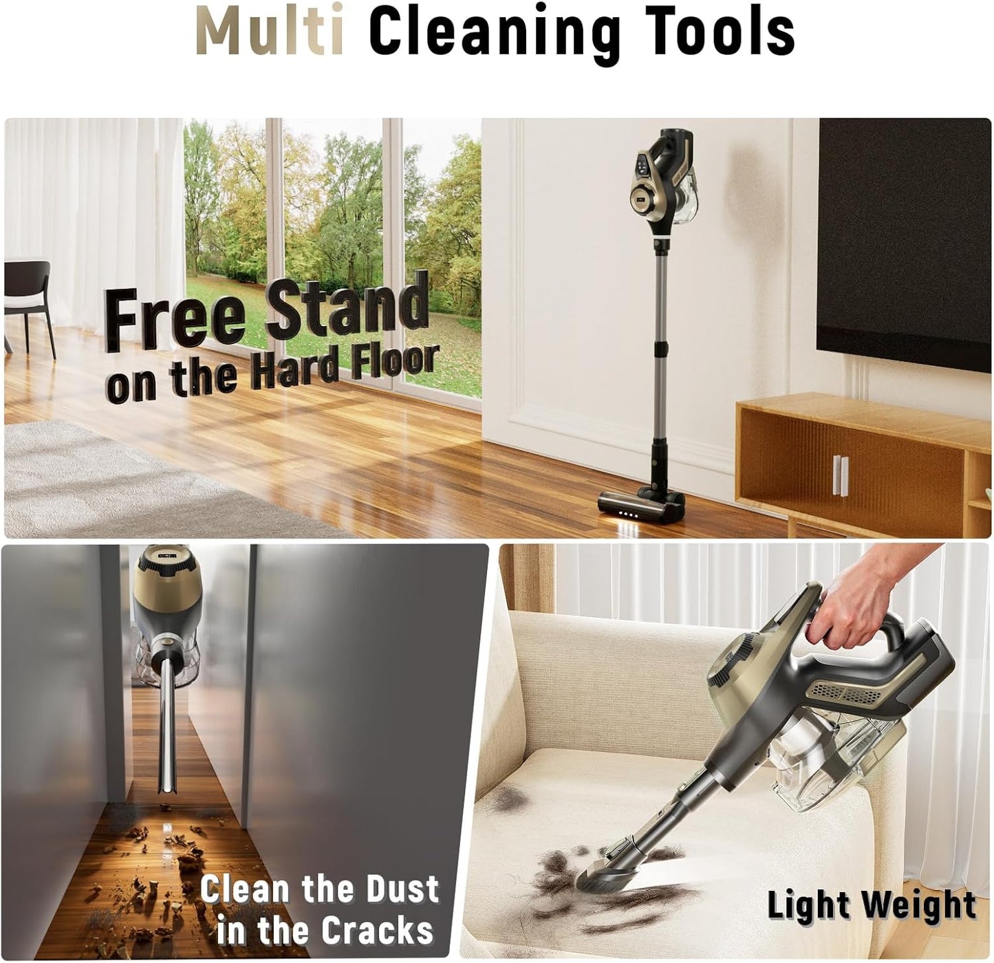 Cordless Vacuum Cleaner, 30Kpa Home Stick Vacuum, Smart Display & 1.5L Dust Cup, 55mins Max Runtime, Rechargeable Lightweight Handheld Vavuum for Pet Hair/Carpet/Hardwood Floor/Car (Golden)