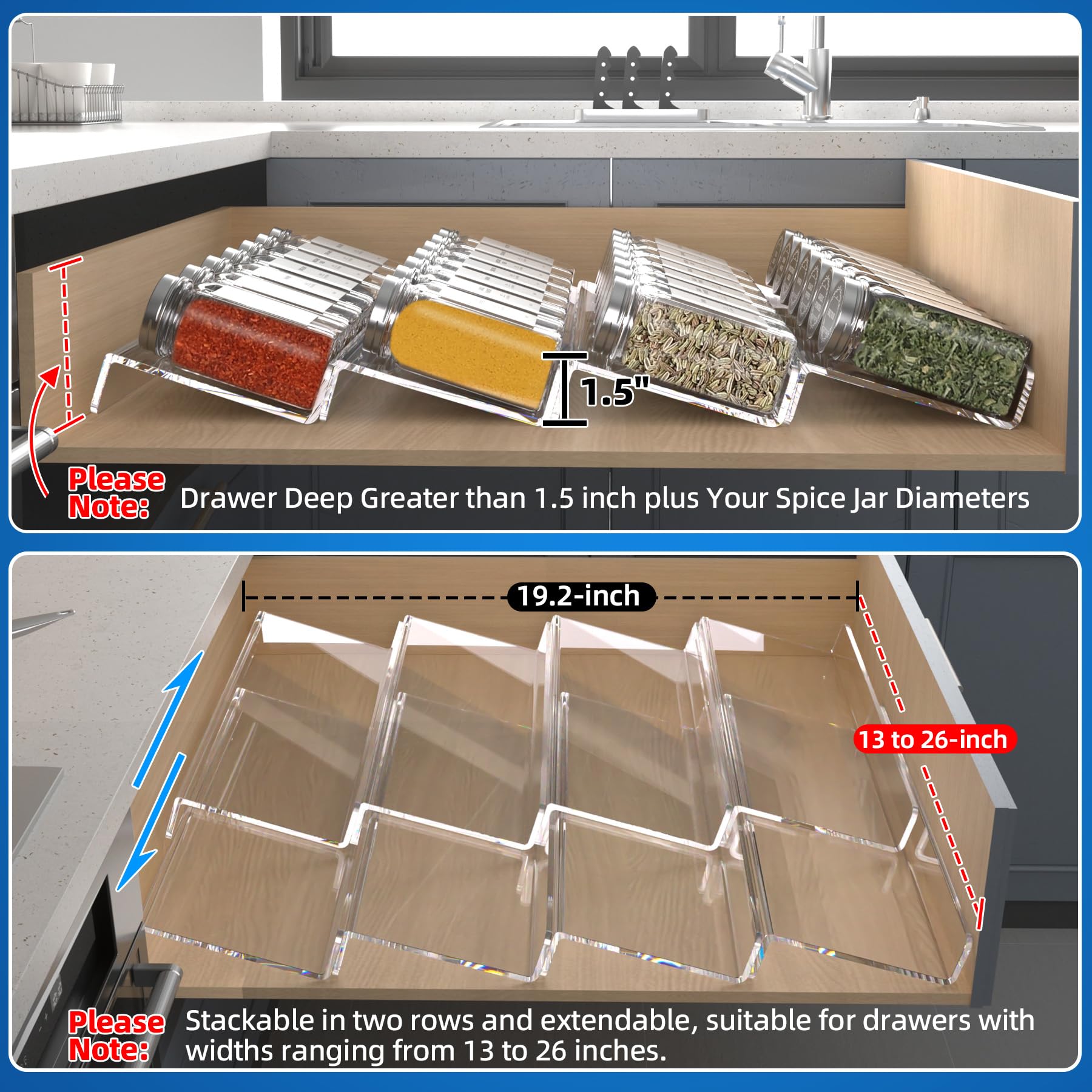 MIUKAA Clear Acrylic Spice Drawer Organizer, 4 Tier- 2 Set Expandable From 13" to 26" Drawer